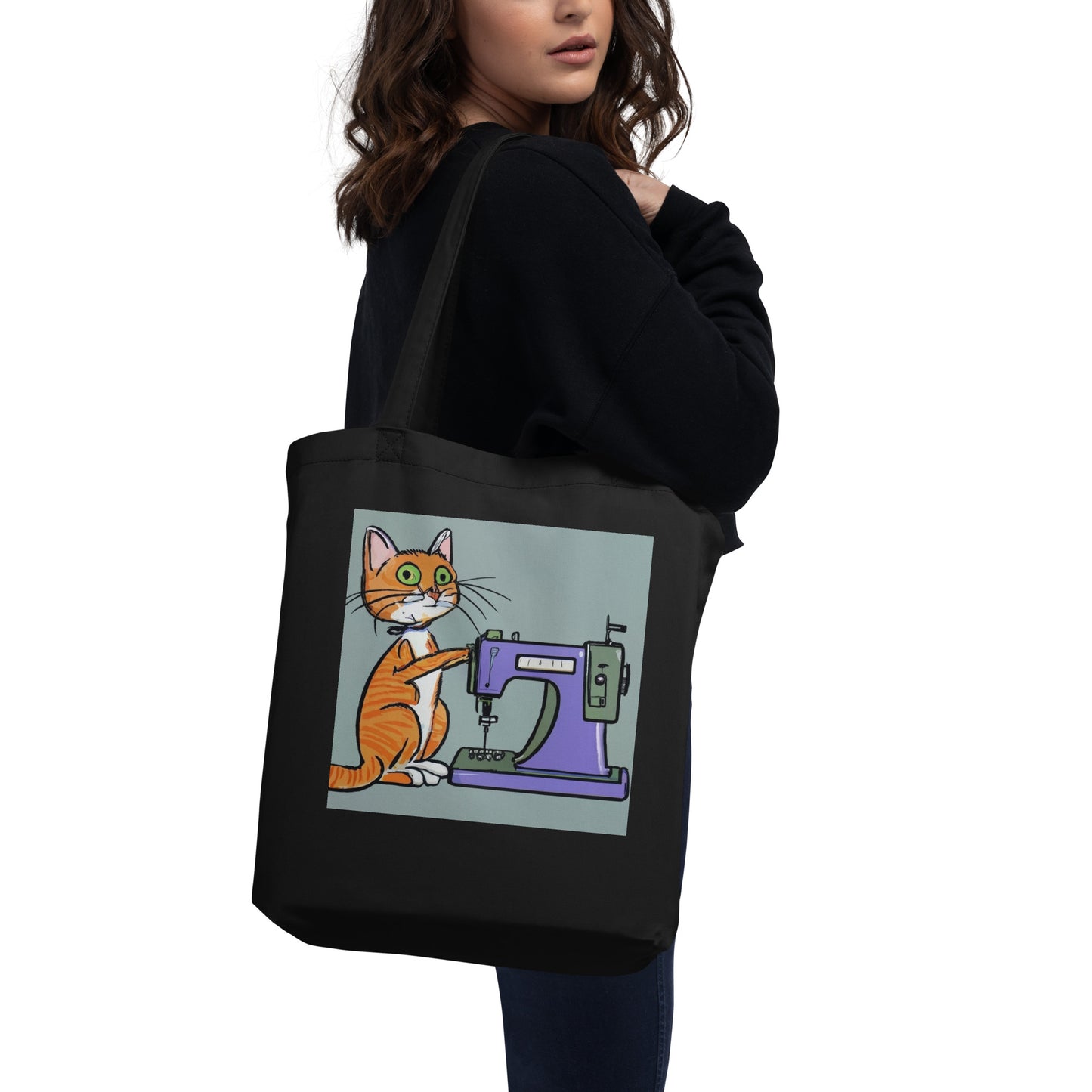 Black Tote Bag with "Sewing Cat" graphic design, the perfect gift for people who sew