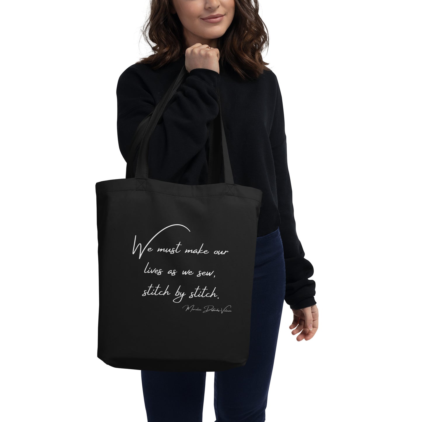 "Stitch by Stitch" Inspirational Quote Black Graphic Tote Bag