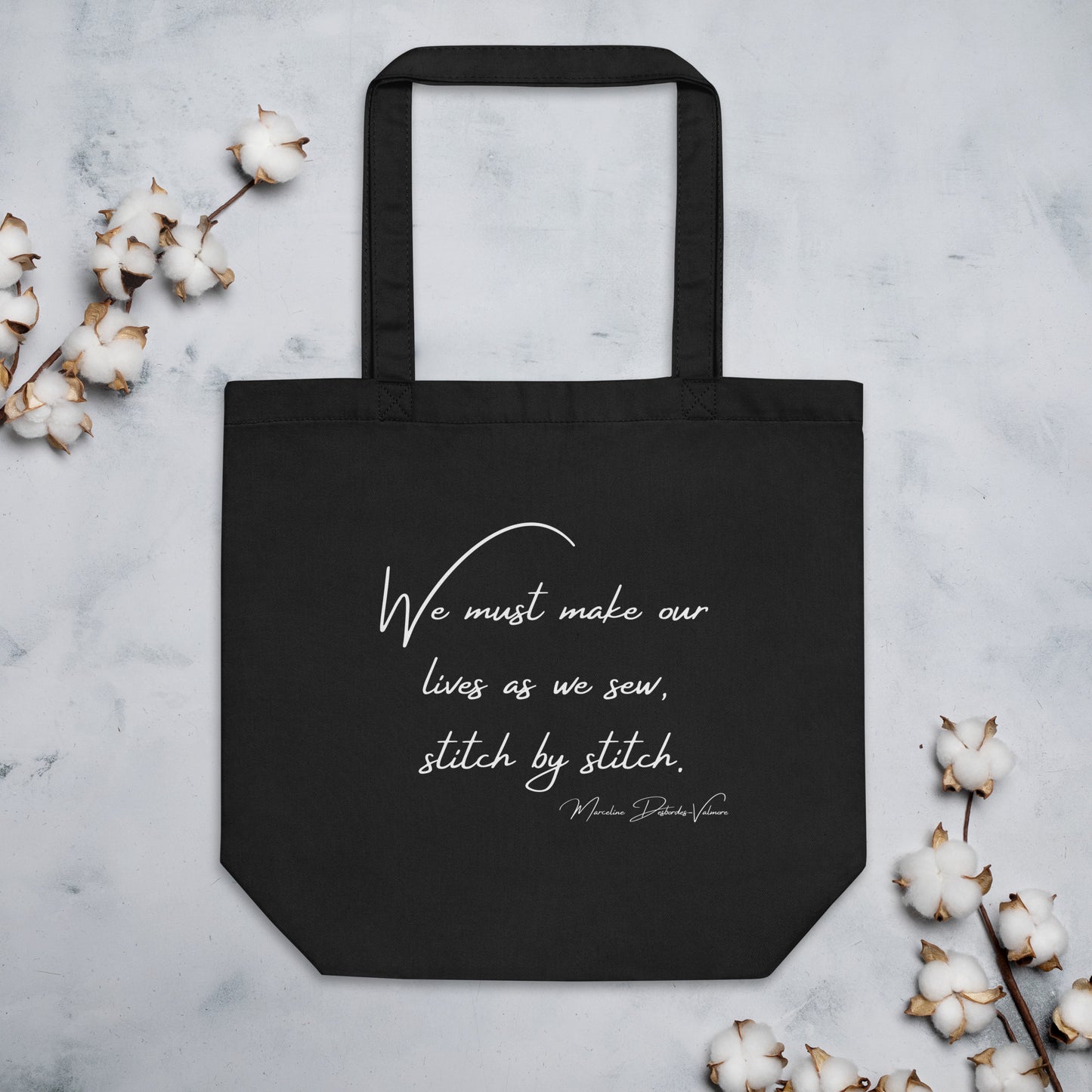 "Stitch by Stitch" Inspirational Quote Black Graphic Tote Bag