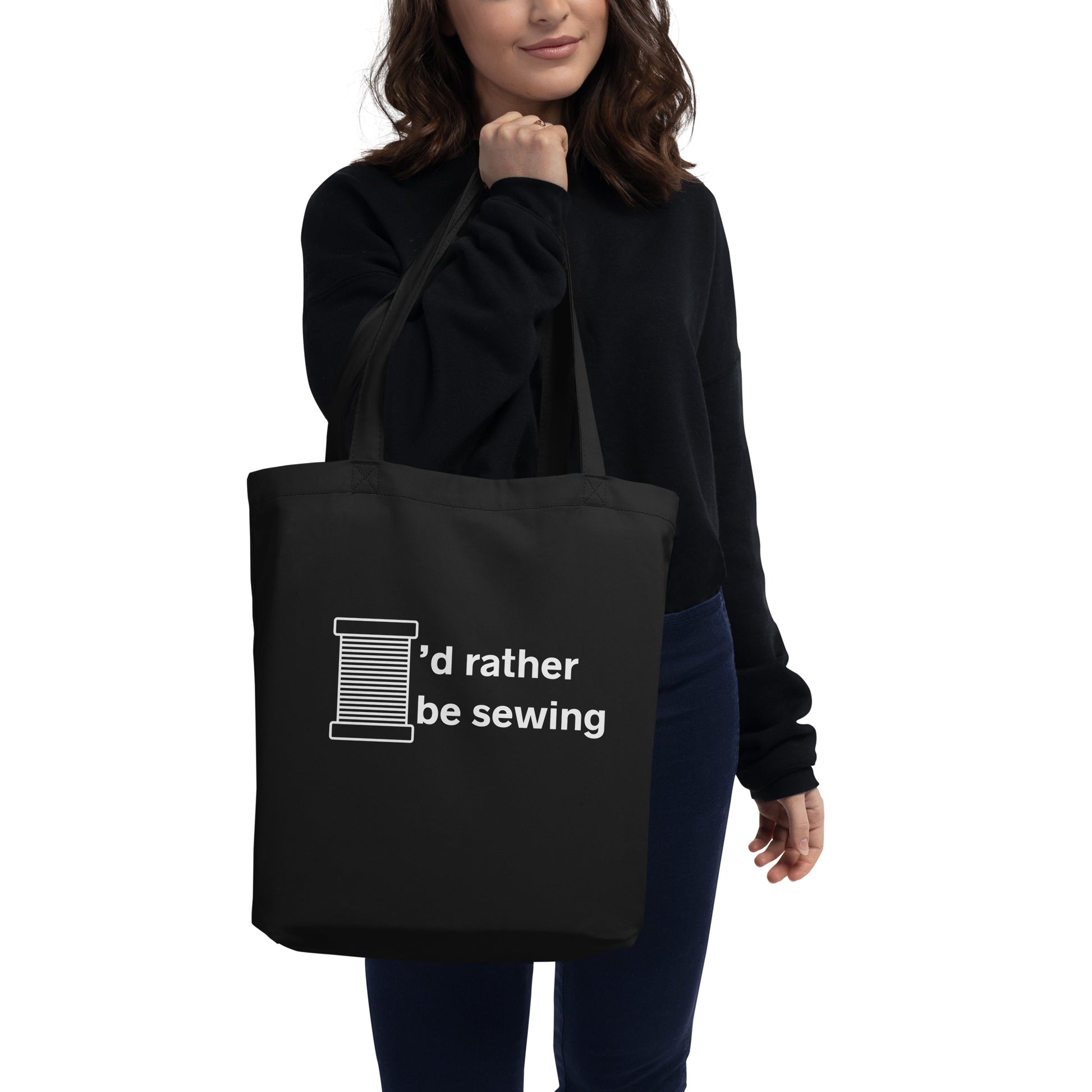 Black Tote Bag with "I'd rather be sewing" design, the perfect gift for people who sew