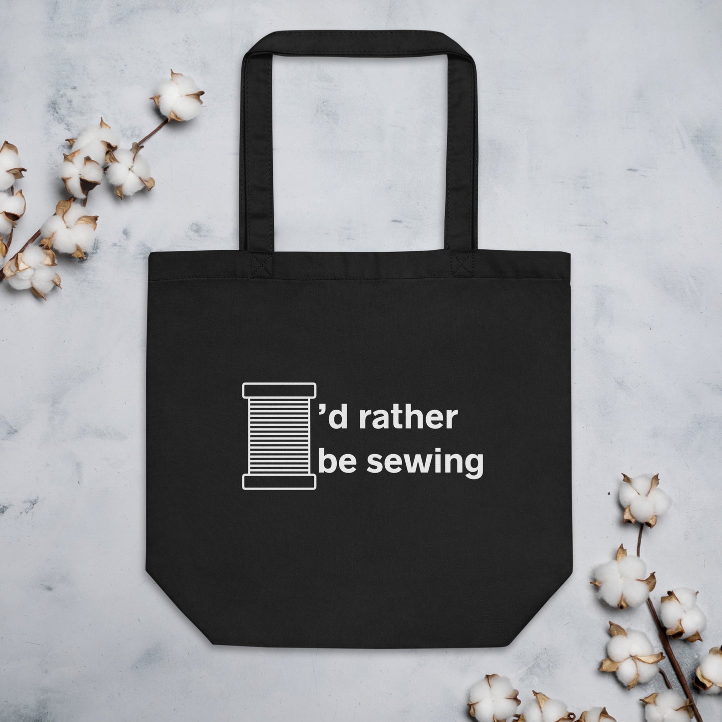 Black Tote Bag with "I'd rather be sewing" design, the perfect gift for people who sew