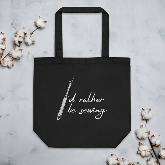 Black Tote Bag with "I'd rather be sewing" design, the perfect gift for people who sew