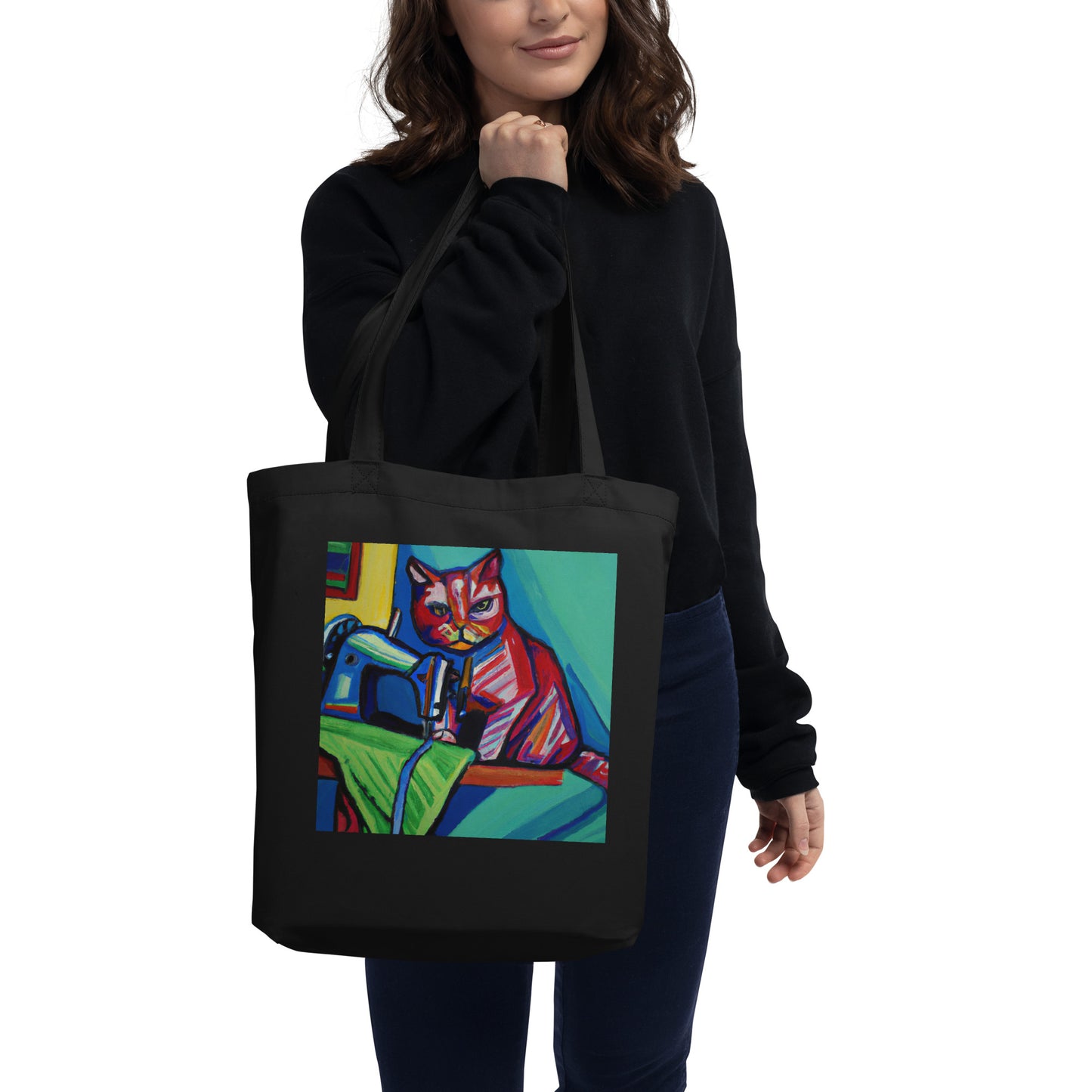 Black Tote Bag with "Sewing Cat" graphic design, the perfect gift for people who sew