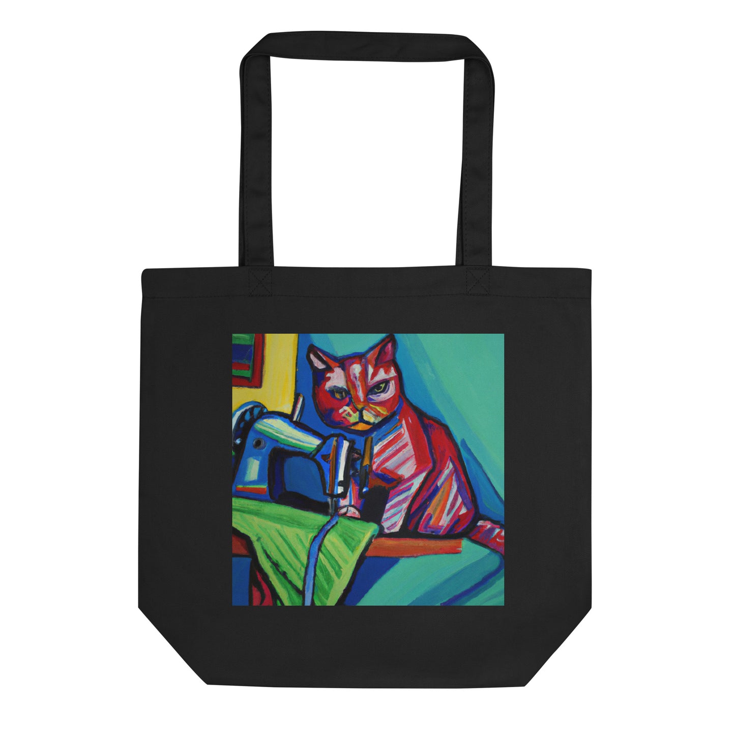 Black Tote Bag with "Sewing Cat" graphic design, the perfect gift for people who sew