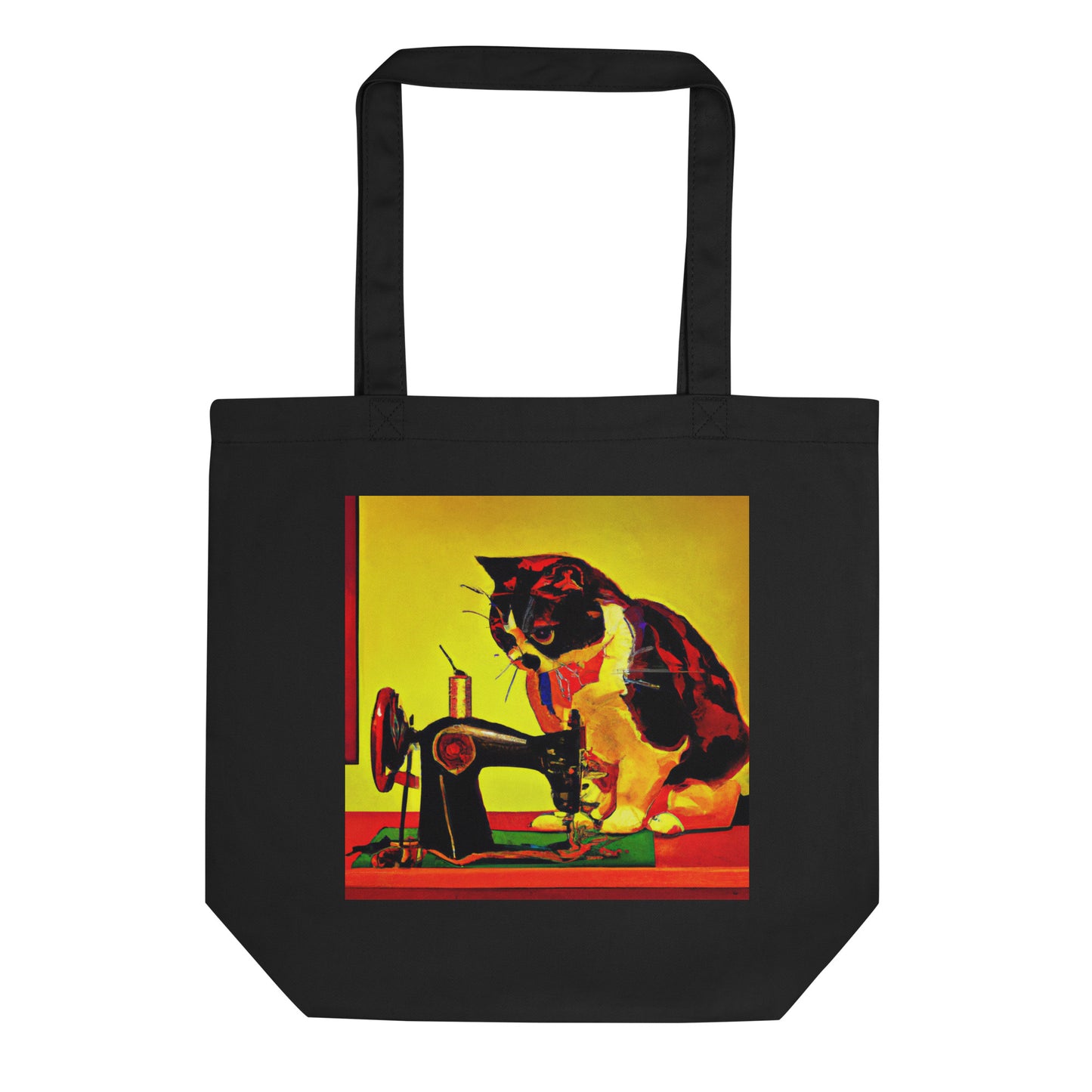 Black Tote Bag with "Sewing Cat" graphic design, the perfect gift for people who sew