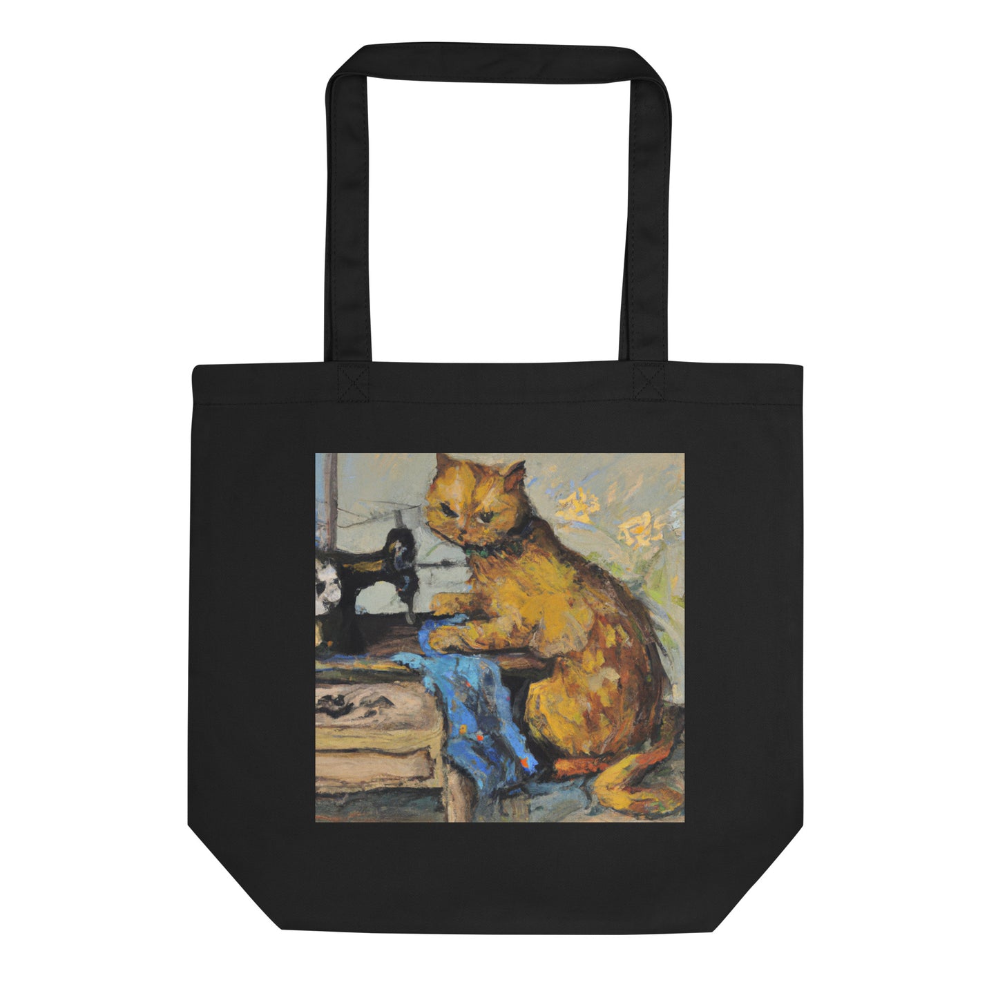 Black Tote Bag with "Sewing Cat" graphic design, the perfect gift for people who sew