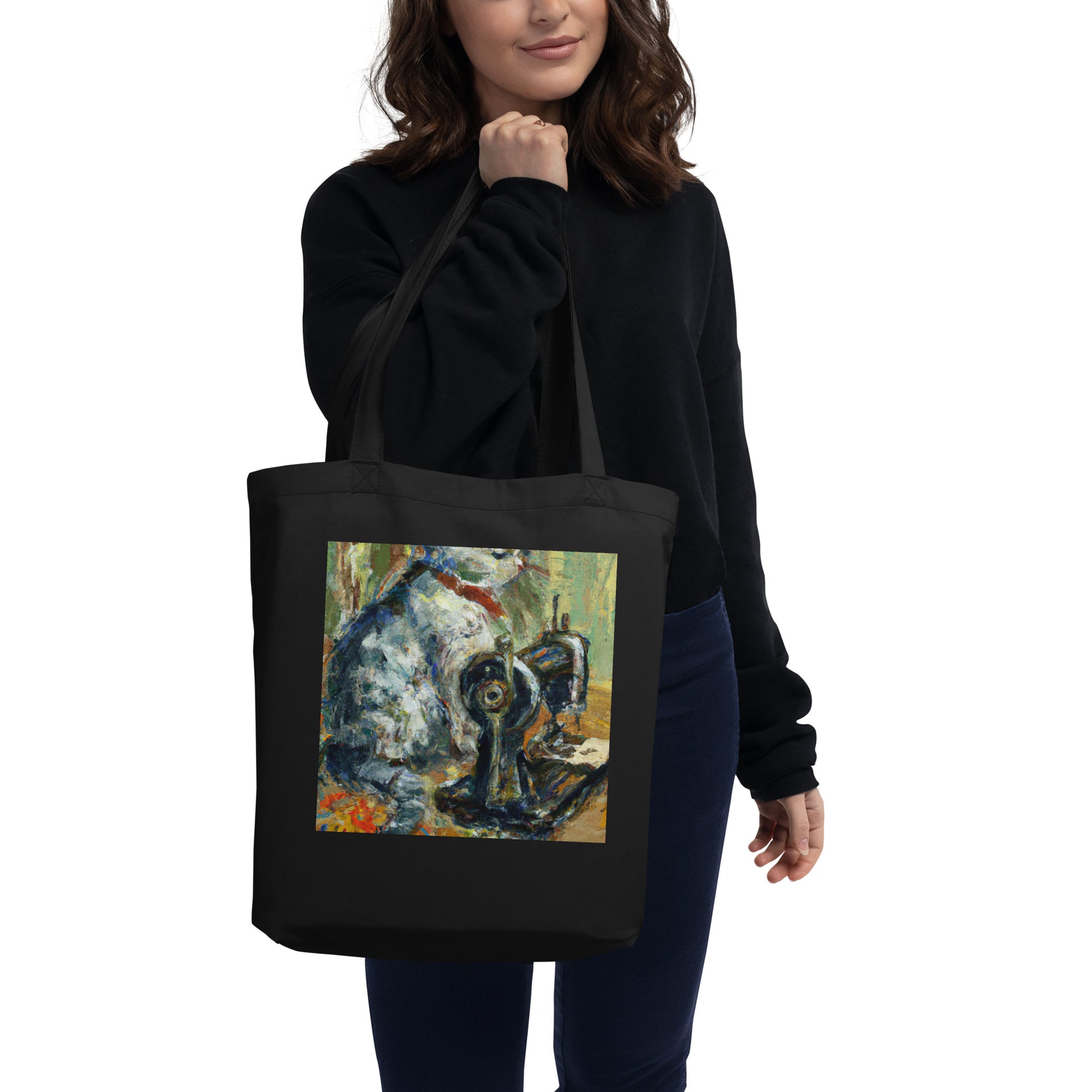 Black Tote Bag with "Sewing Cat" graphic design, the perfect gift for people who sew