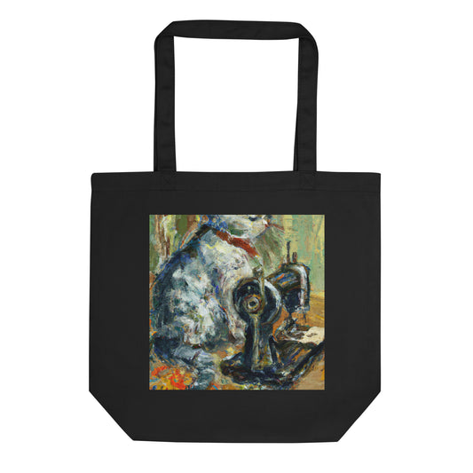 Black Tote Bag with "Sewing Cat" graphic design, the perfect gift for people who sew