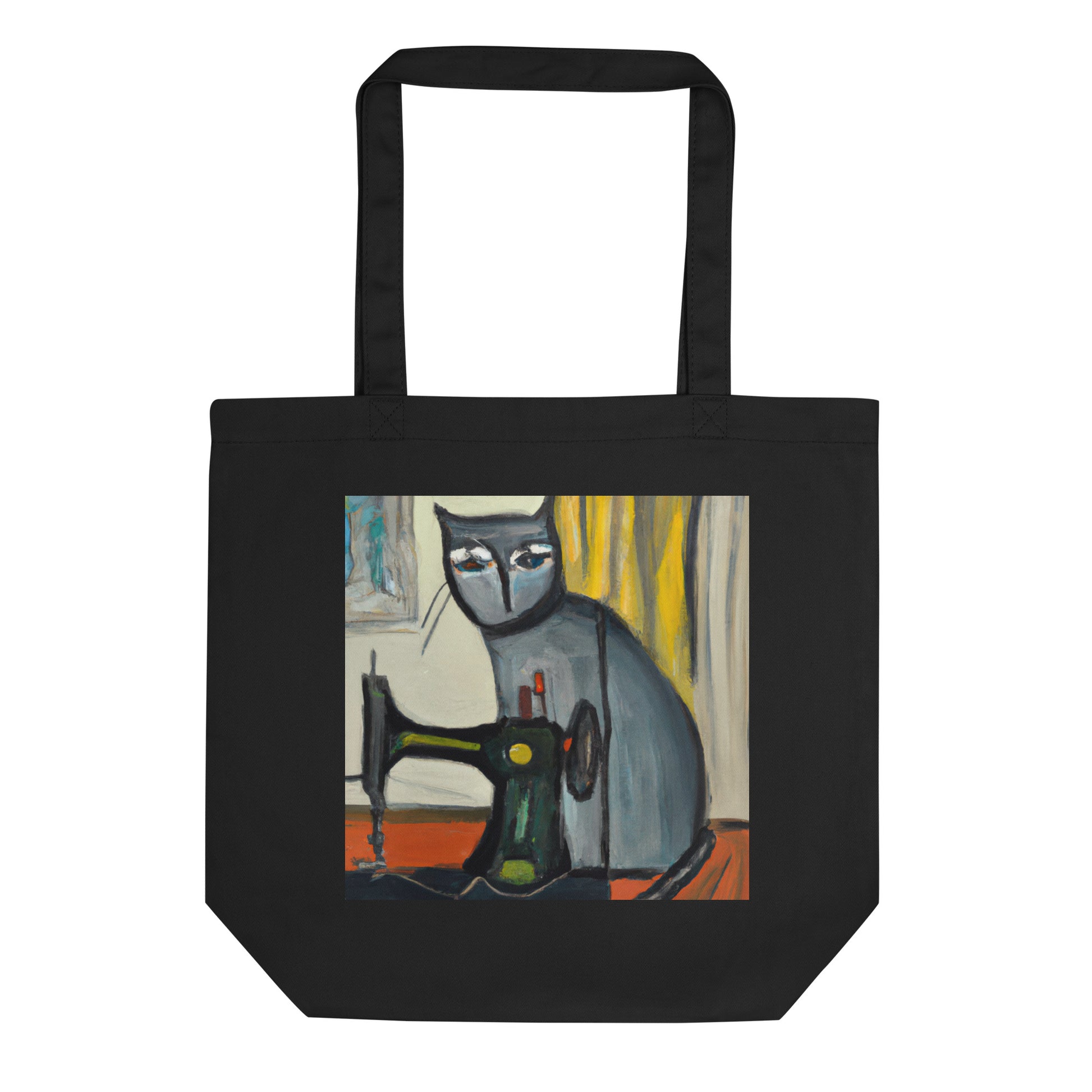 Black Tote Bag with "Sewing Cat" graphic design, the perfect gift for people who sew