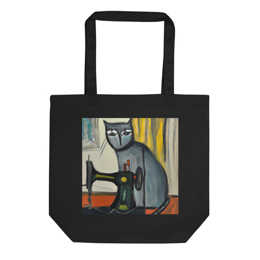 Black Tote Bag with "Sewing Cat" graphic design, the perfect gift for people who sew