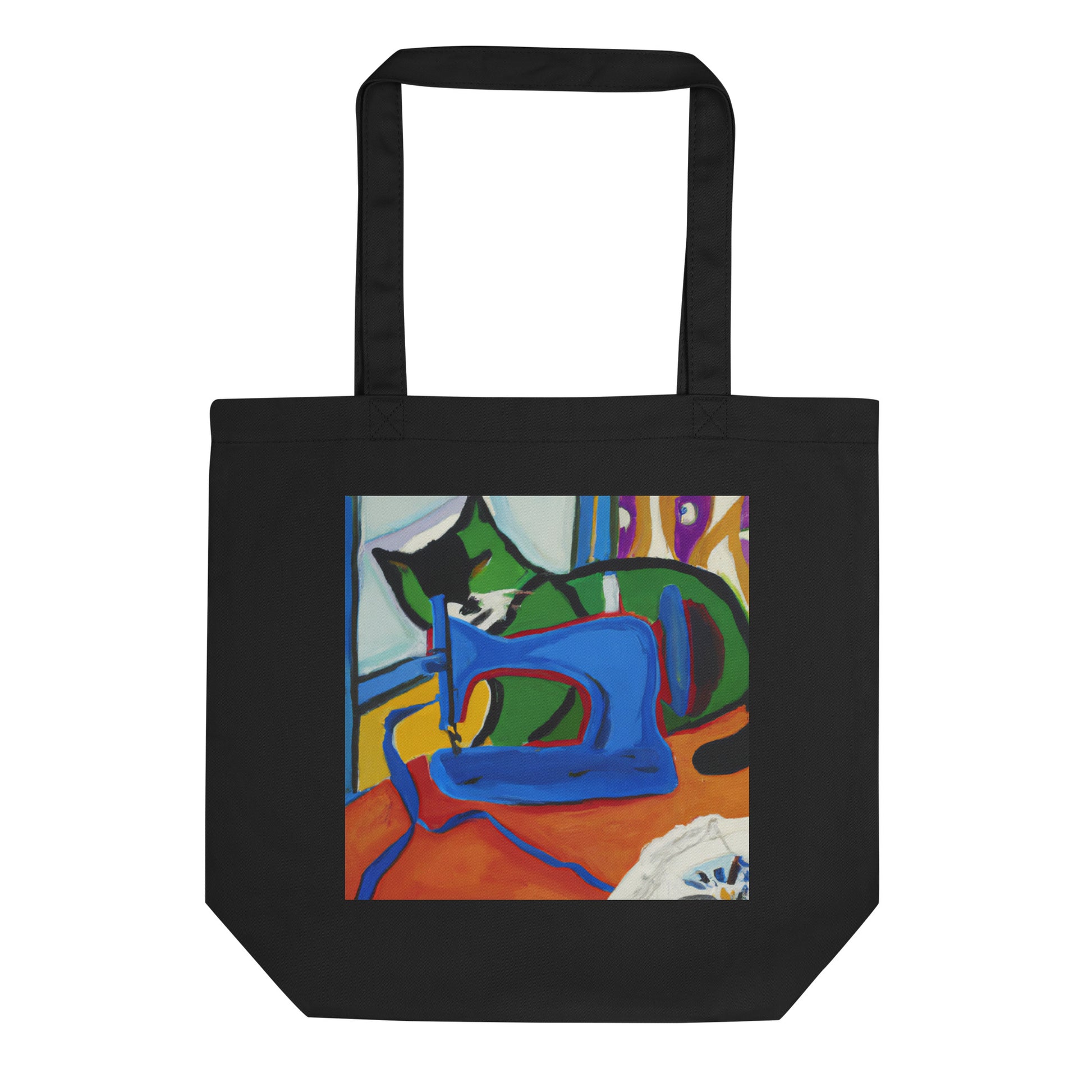 Black Tote Bag with "Sewing Cat" graphic design, the perfect gift for people who sew