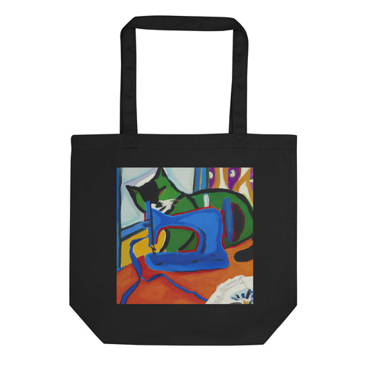 Black Tote Bag with "Sewing Cat" graphic design, the perfect gift for people who sew