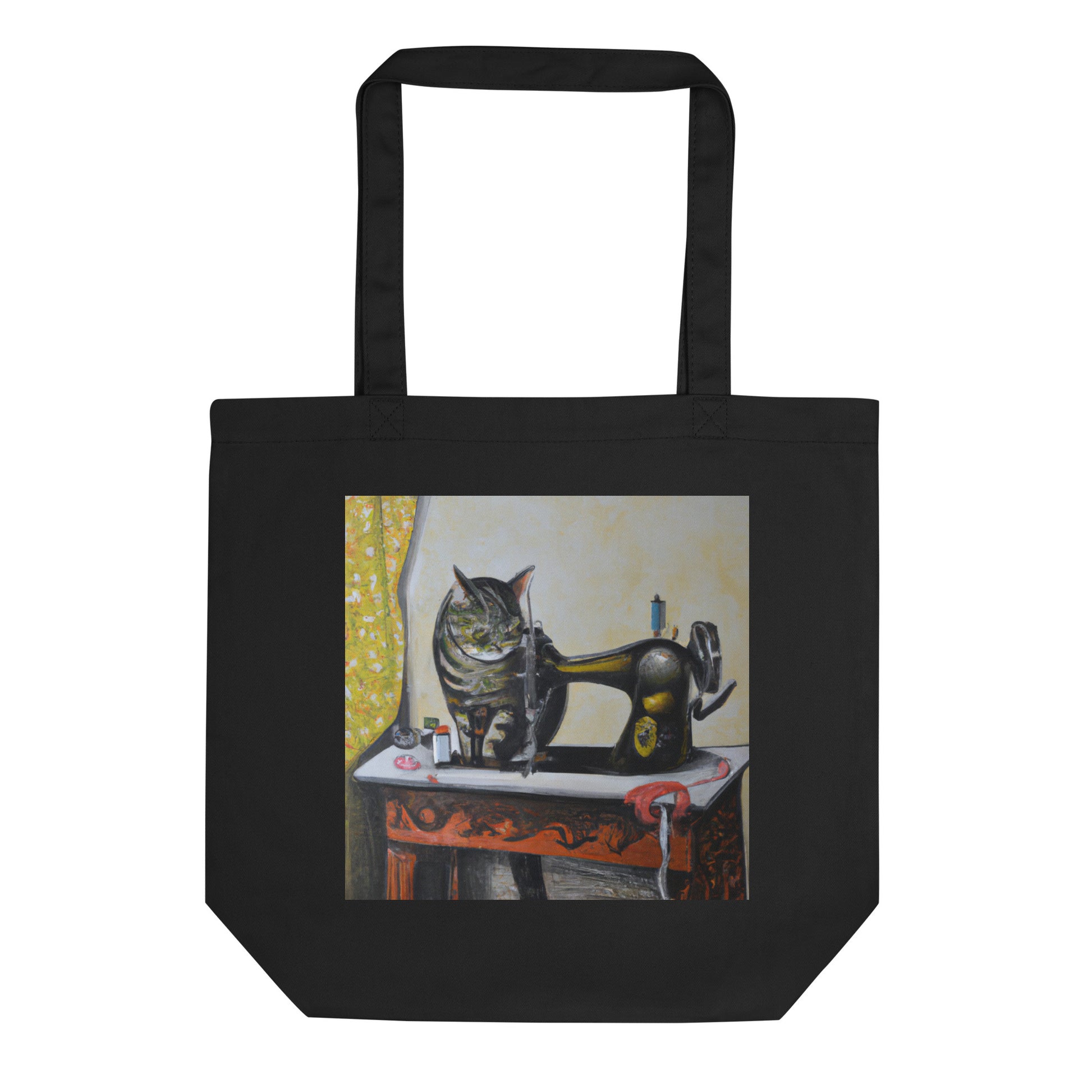 Black Tote Bag with "Sewing Cat" graphic design, the perfect gift for people who sew