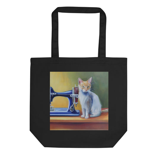 Black Tote Bag with "Sewing Cat" graphic design, the perfect gift for people who sew