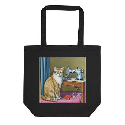 Black Tote Bag with "Sewing Cat" graphic design, the perfect gift for people who sew