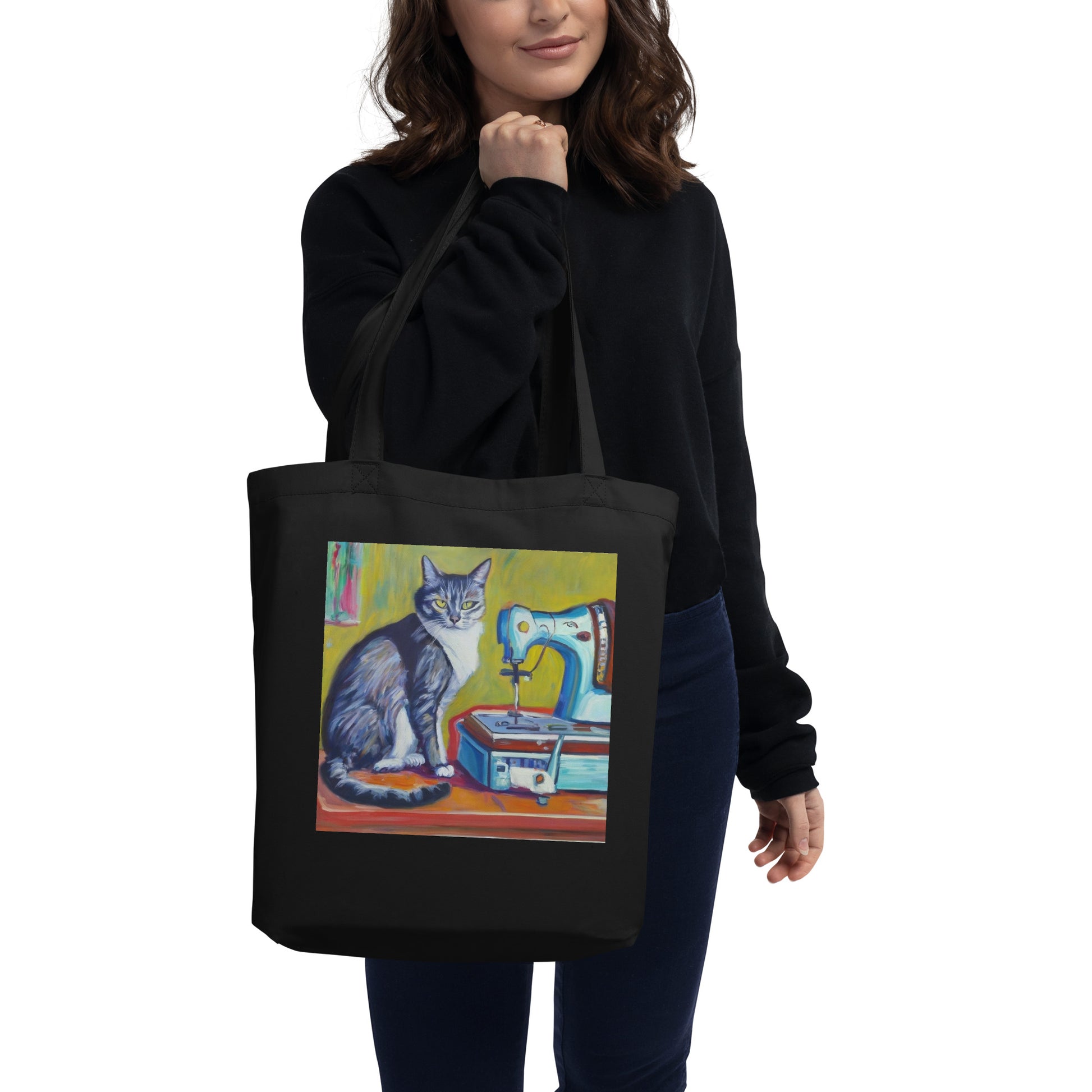 Black Tote Bag with "Sewing Cat" graphic design, the perfect gift for people who sew