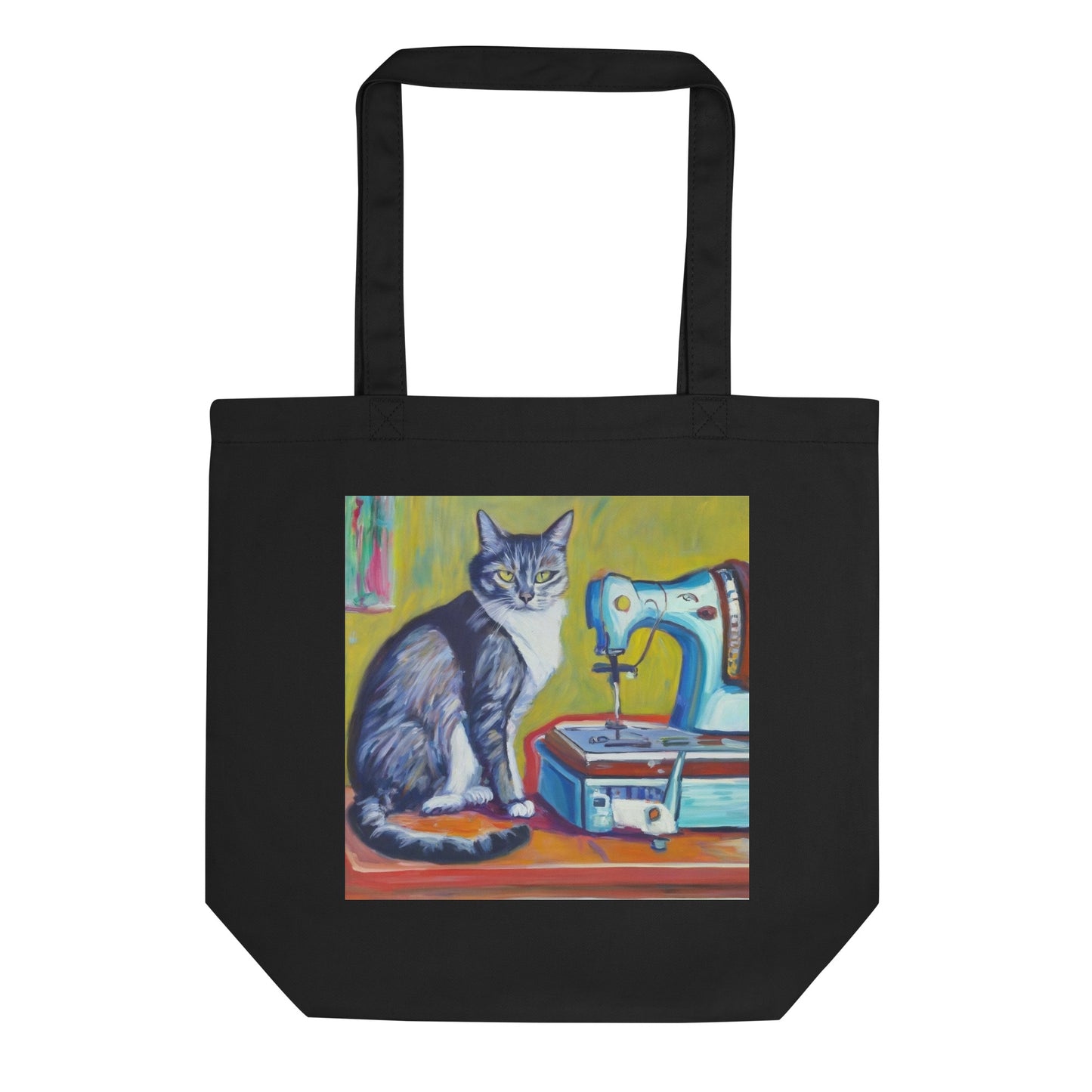 Black Tote Bag with "Sewing Cat" graphic design, the perfect gift for people who sew