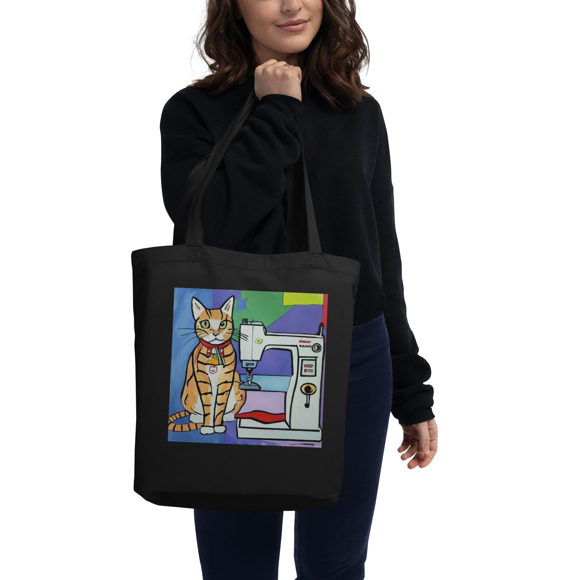 Black Tote Bag with "Sewing Cat" graphic design, the perfect gift for people who sew