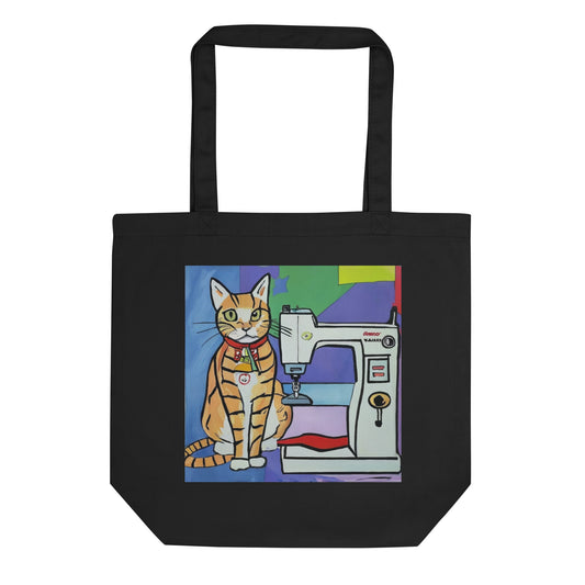 Black Tote Bag with "Sewing Cat" graphic design, the perfect gift for people who sew