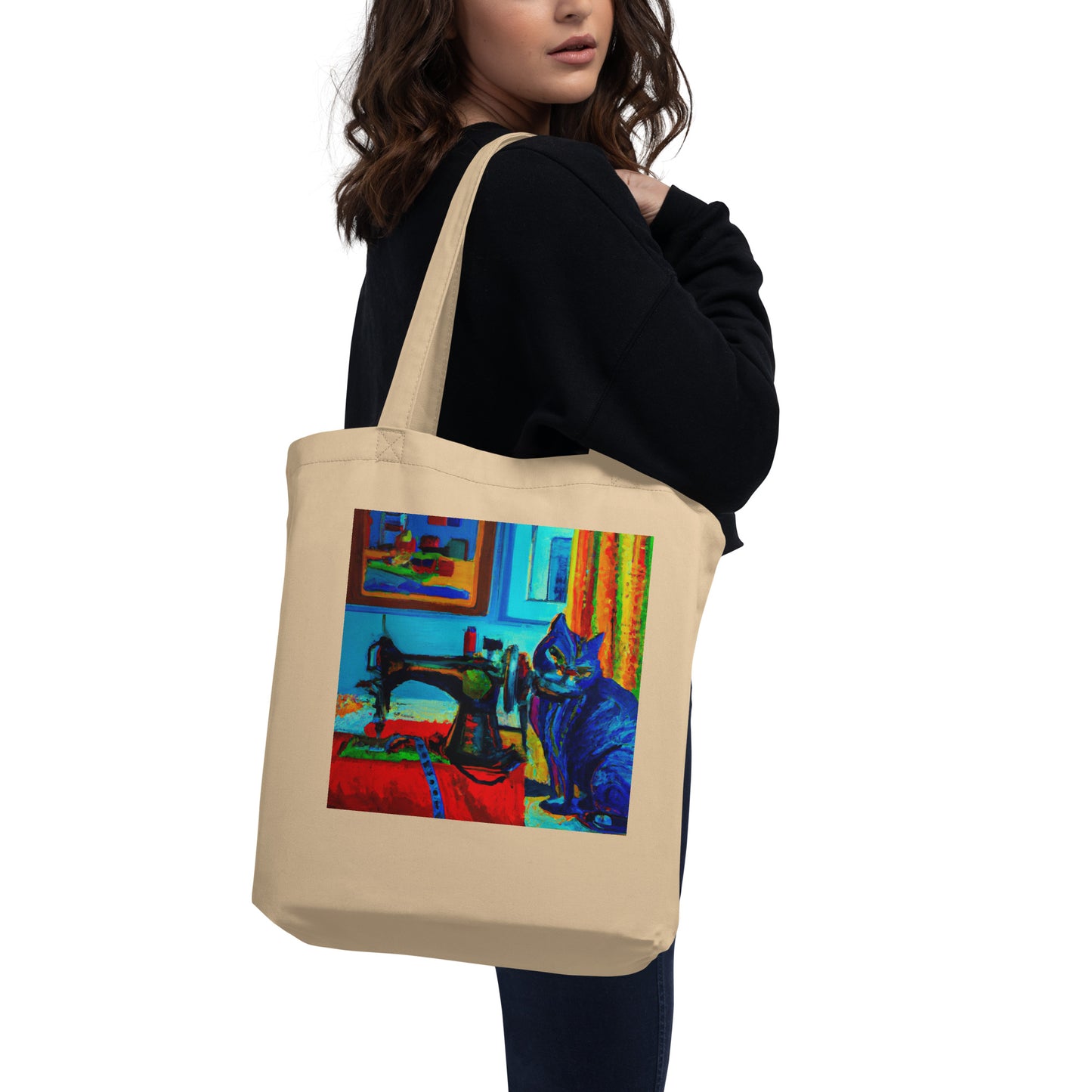 Oyster Tote Bag with "Sewing Cat" graphic design, the perfect gift for people who sew