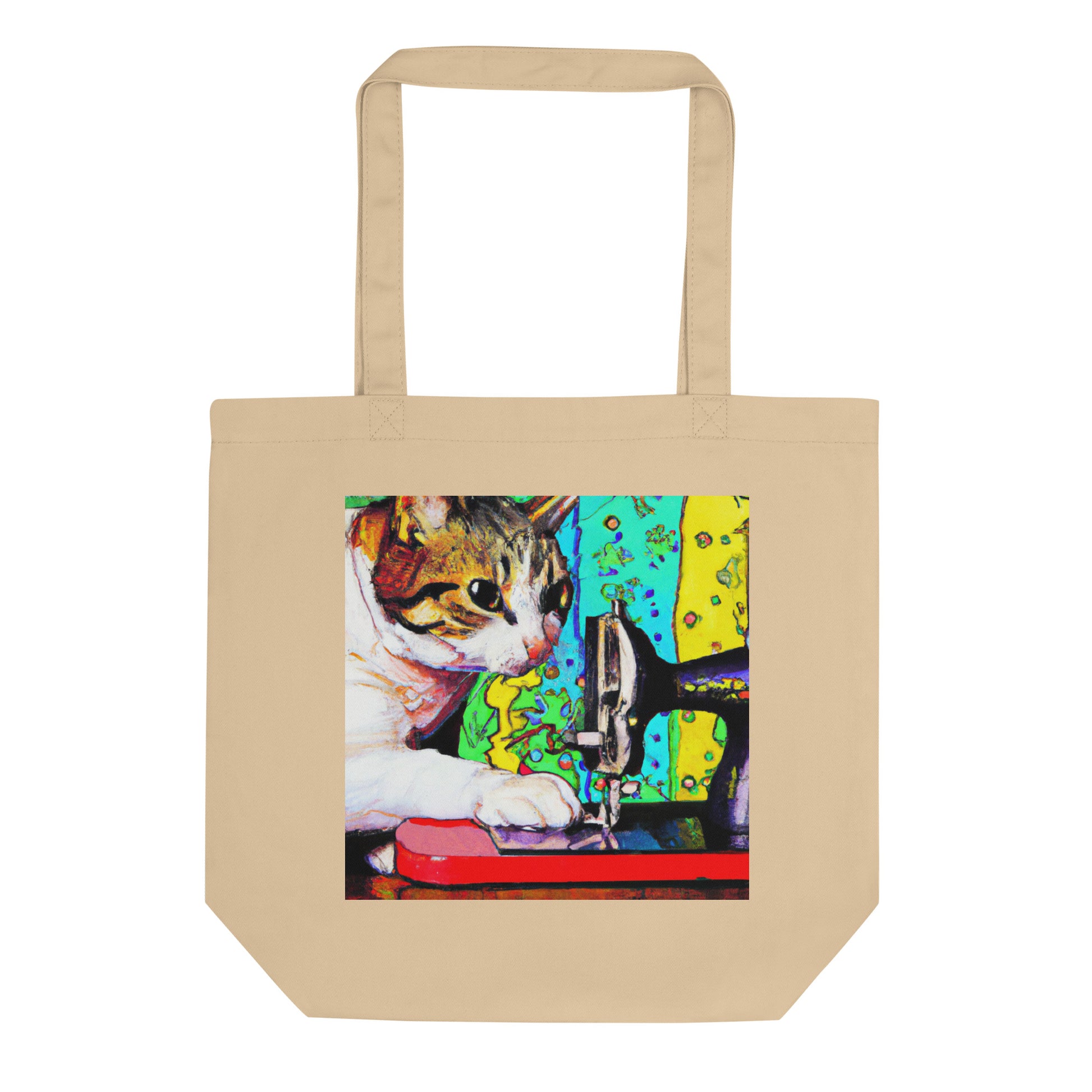 Oyster Tote Bag with "Sewing Cat" graphic design, the perfect gift for people who sew