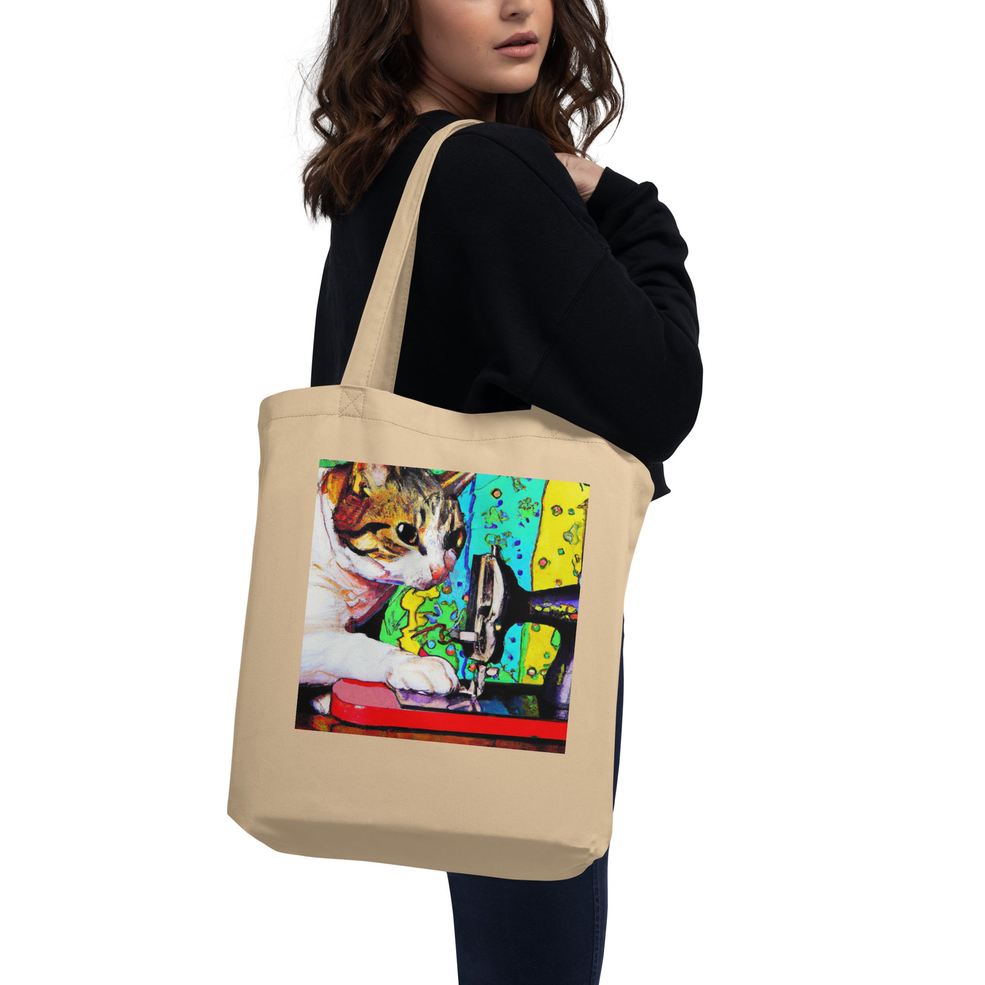 Oyster Tote Bag with "Sewing Cat" graphic design, the perfect gift for people who sew