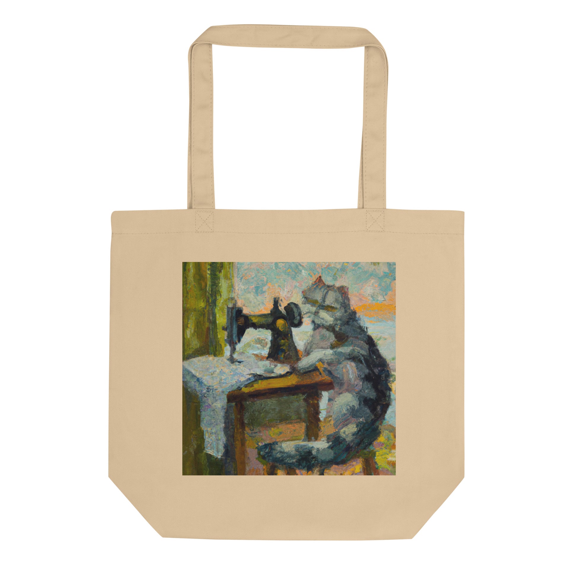 Oyster Tote Bag with "Sewing Cat" graphic design, the perfect gift for people who sew