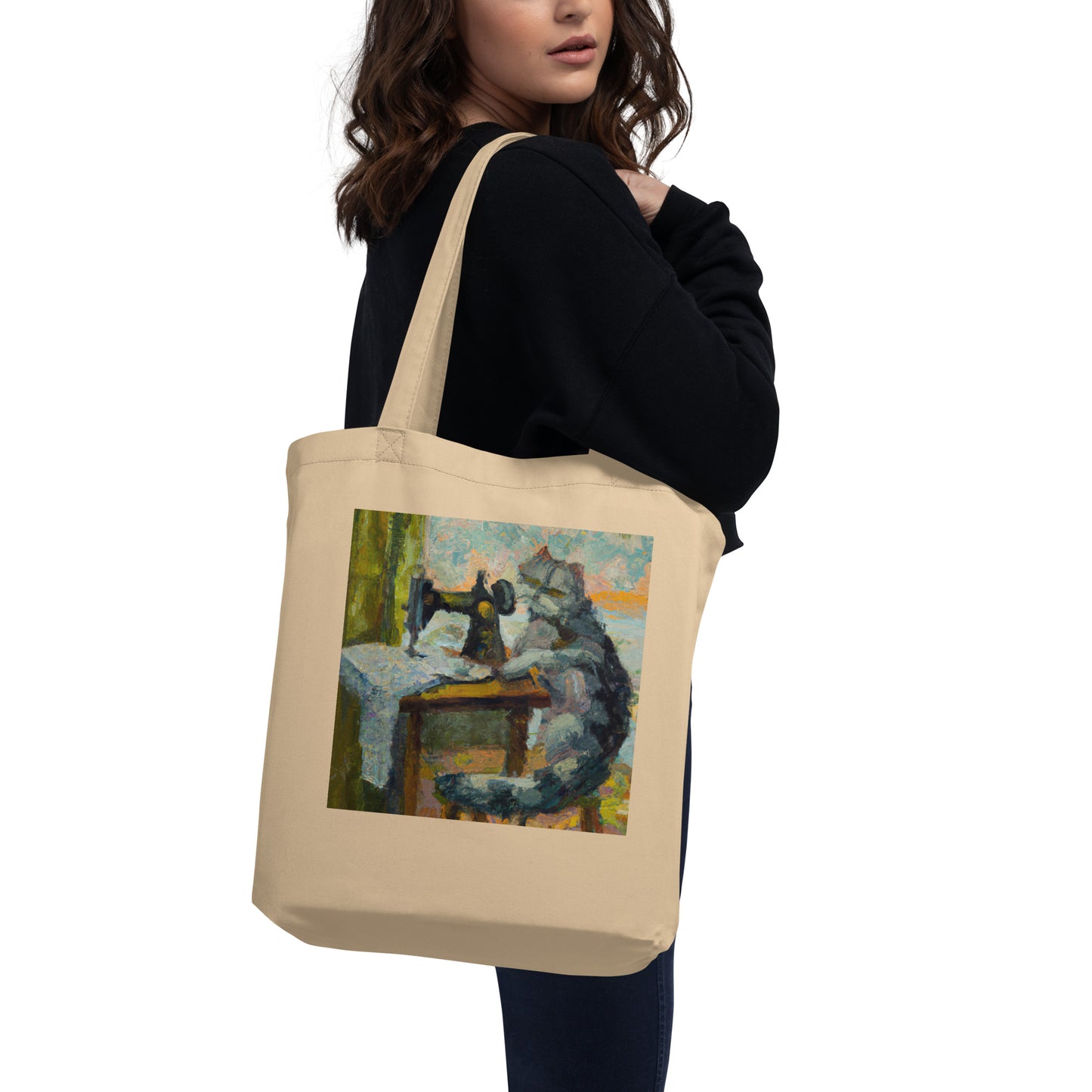 Oyster Tote Bag with "Sewing Cat" graphic design, the perfect gift for people who sew