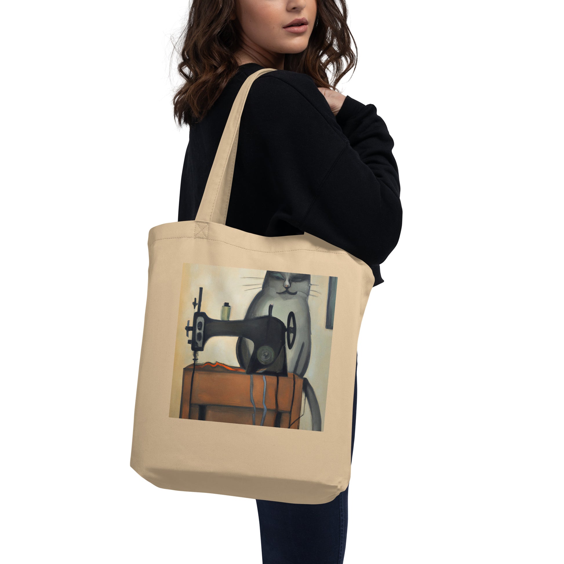 Oyster Tote Bag with "Sewing Cat" graphic design, the perfect gift for people who sew