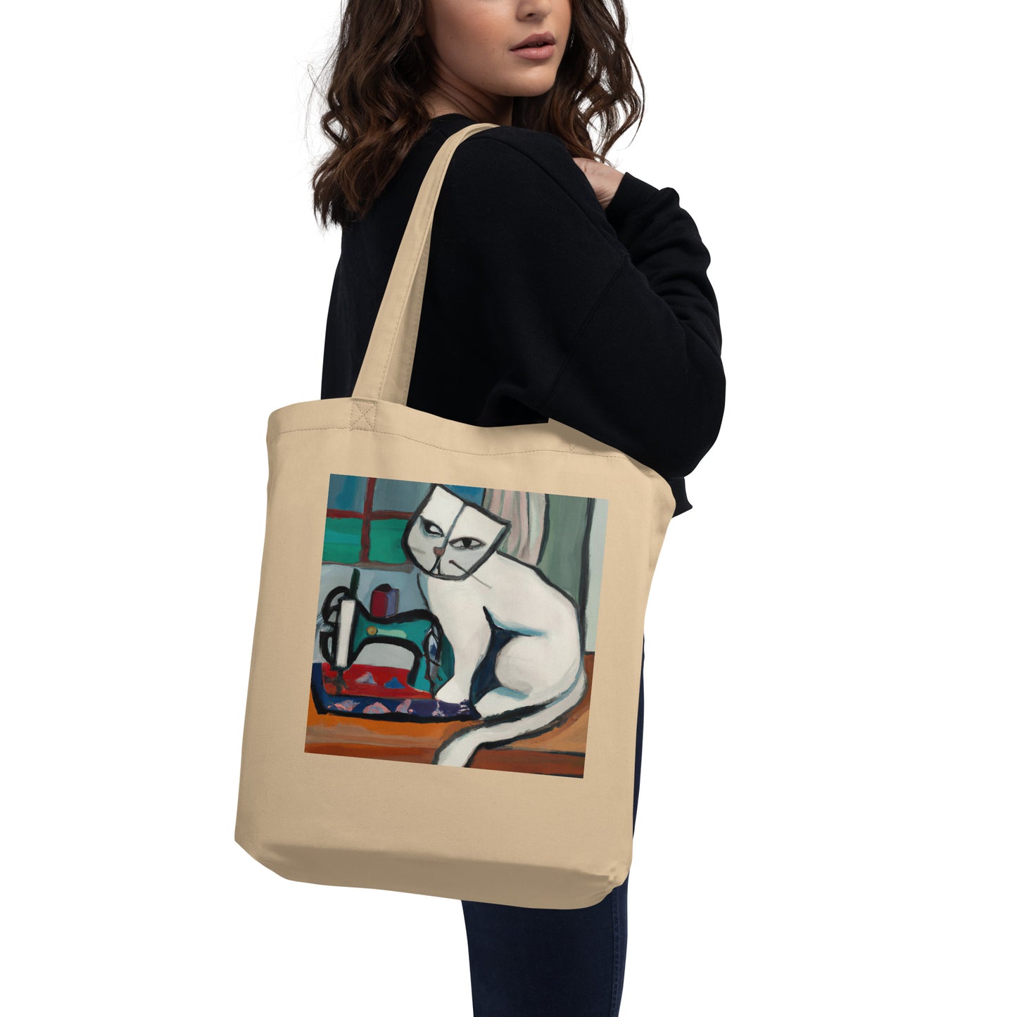 Oyster Tote Bag with "Sewing Cat" graphic design, the perfect gift for people who sew