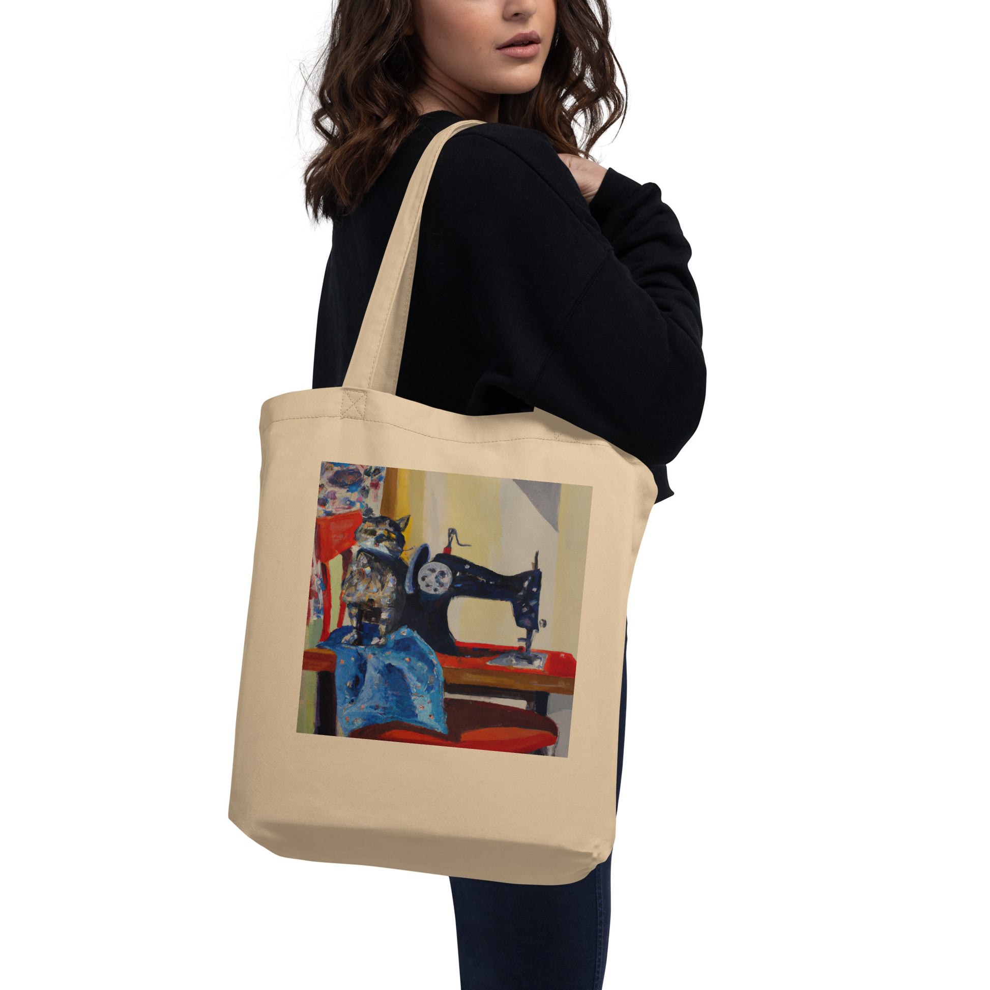 Oyster Tote Bag with "Sewing Cat" graphic design, the perfect gift for people who sew