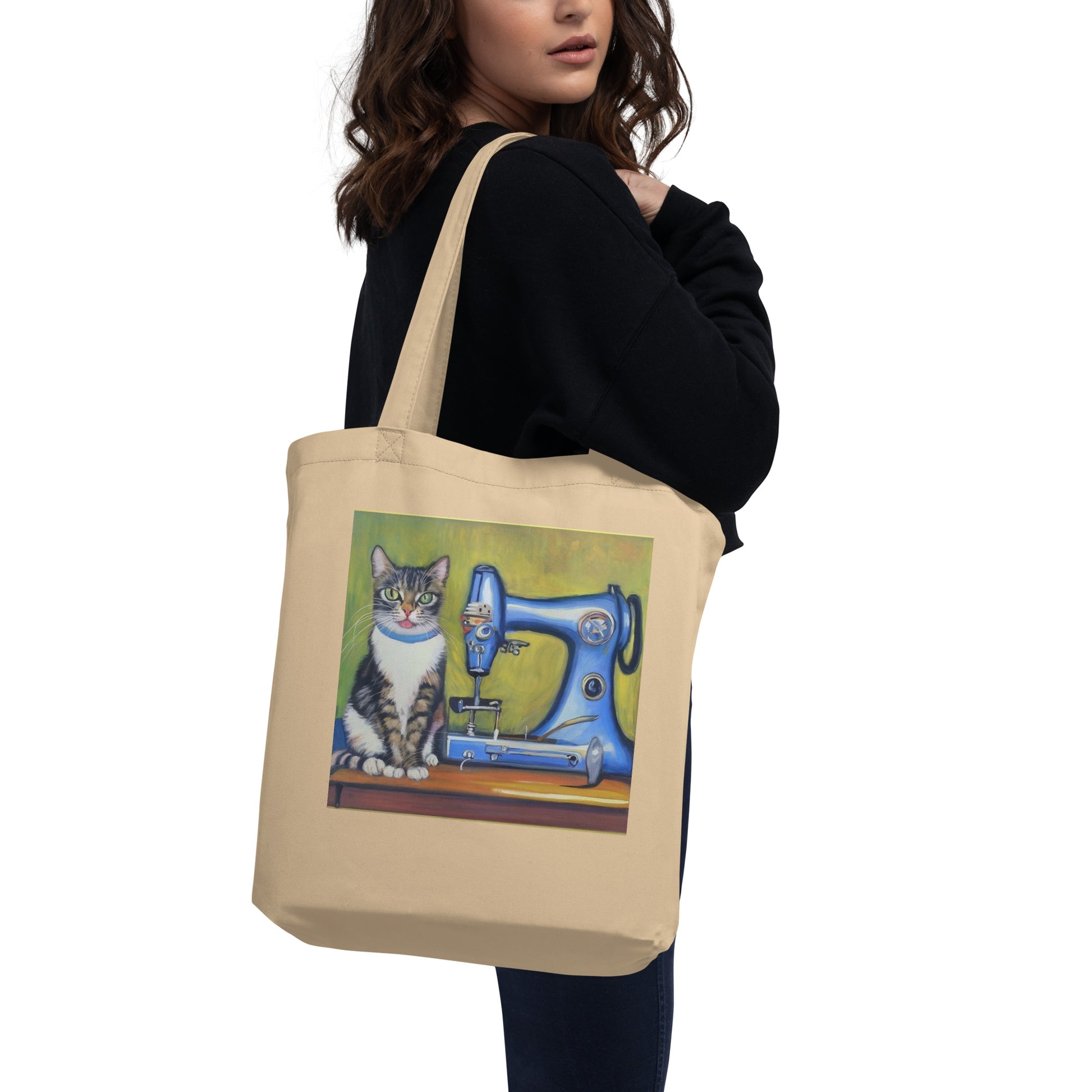 Oyster Tote Bag with "Sewing Cat" graphic design, the perfect gift for people who sew