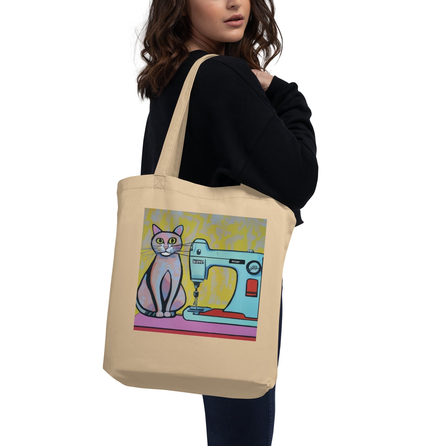 Oyster Tote Bag with "Sewing Cat" graphic design, the perfect gift for people who sew