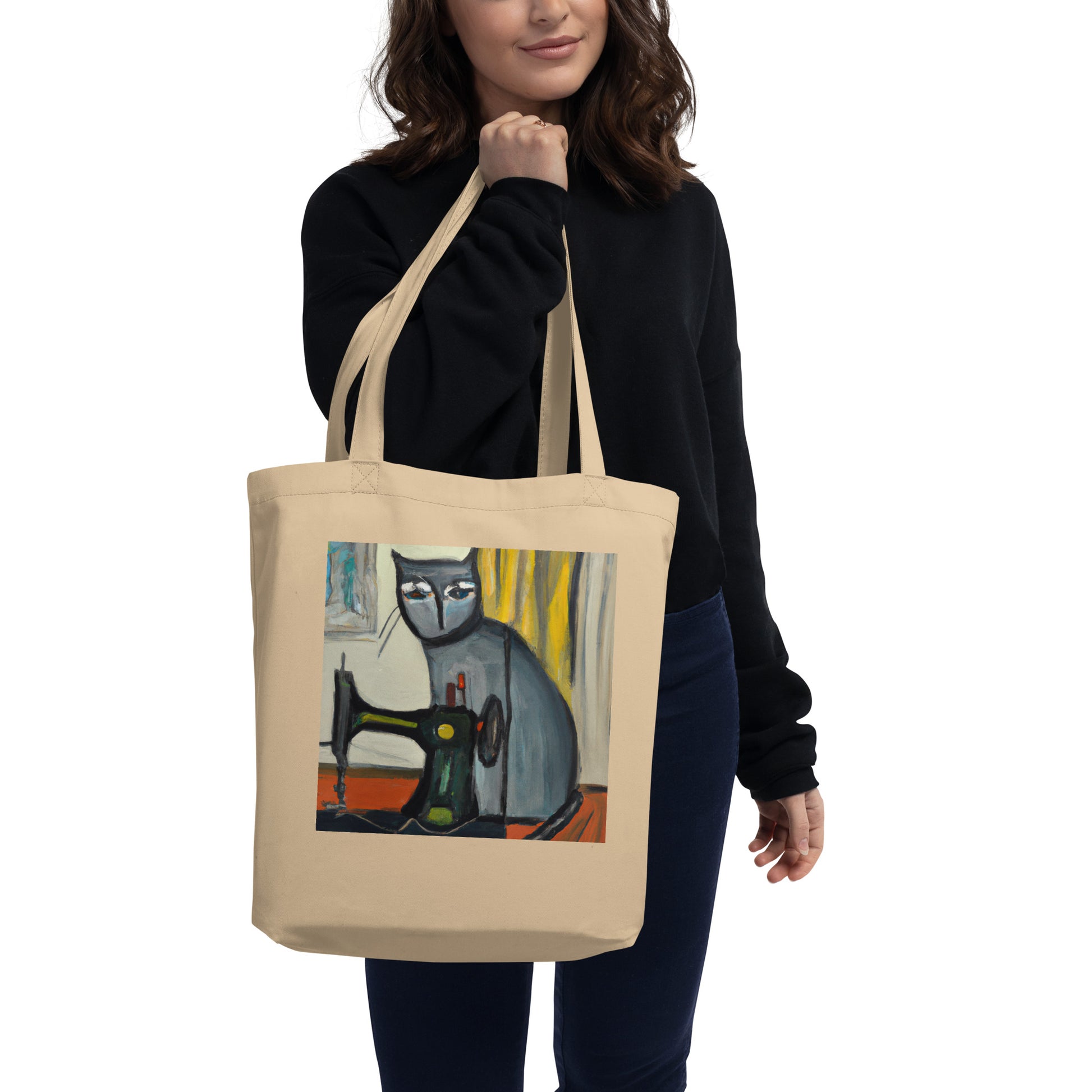 Oyster Tote Bag with "Sewing Cat" graphic design, the perfect gift for people who sew