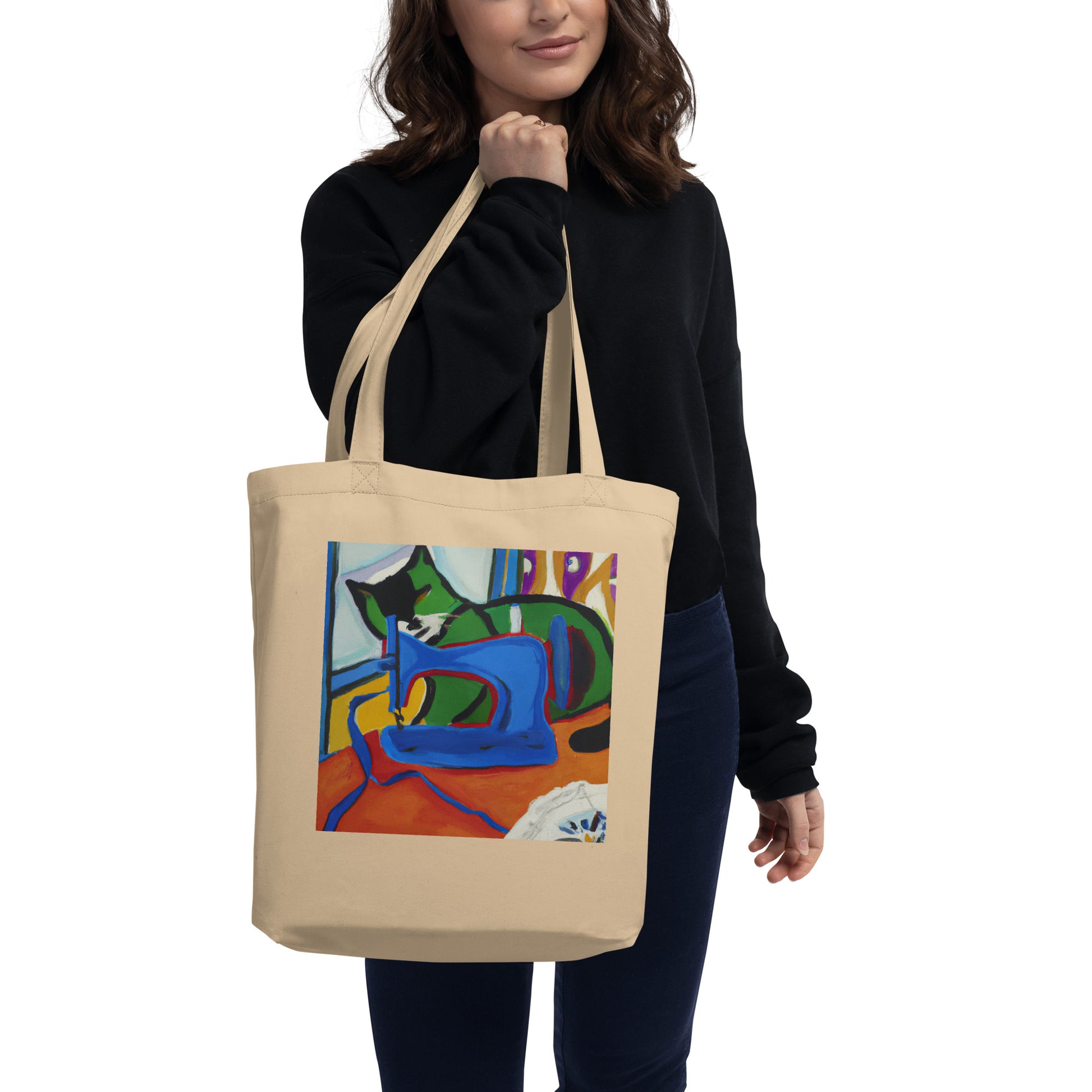 Oyster Tote Bag with "Sewing Cat" graphic design, the perfect gift for people who sew