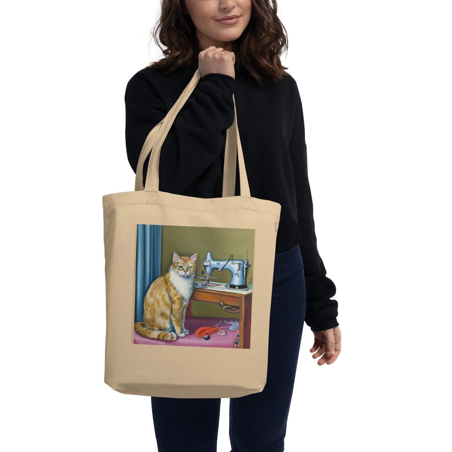 Oyster Tote Bag with "Sewing Cat" graphic design, the perfect gift for people who sew