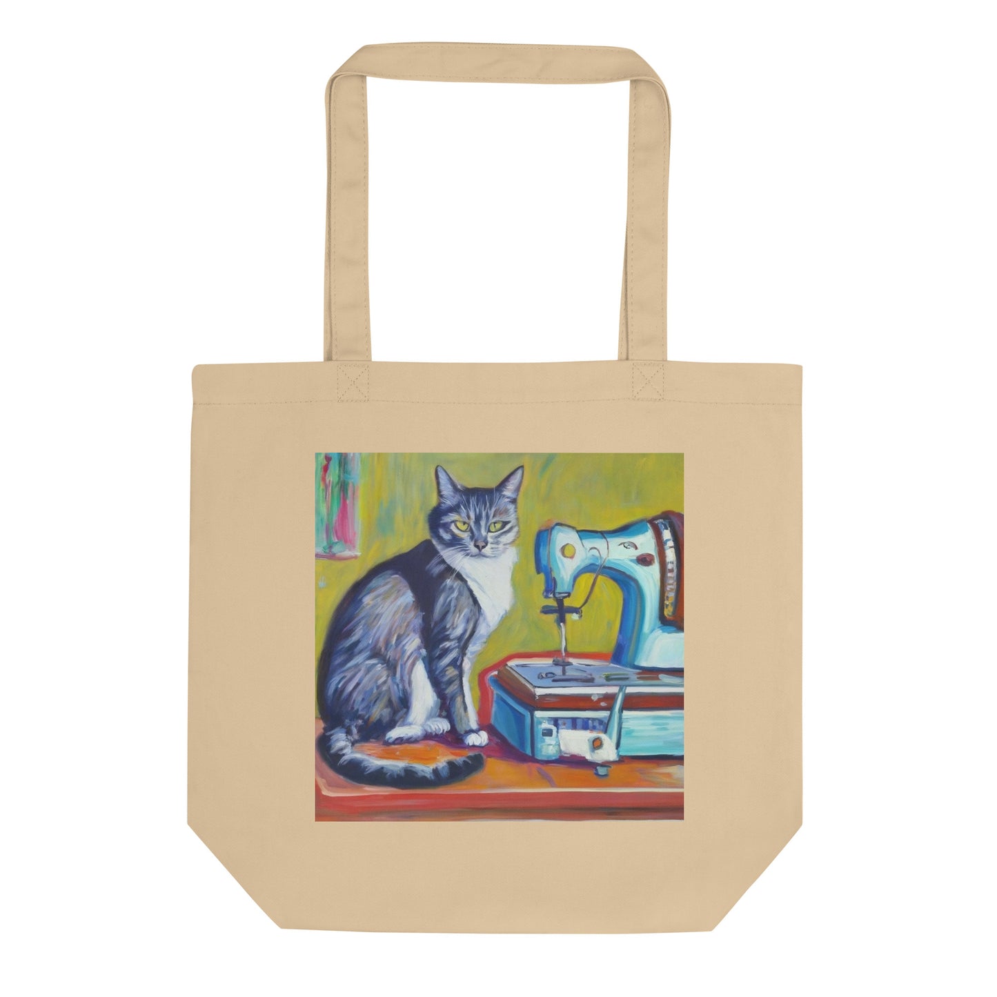 Oyster Tote Bag with "Sewing Cat" graphic design, the perfect gift for people who sew