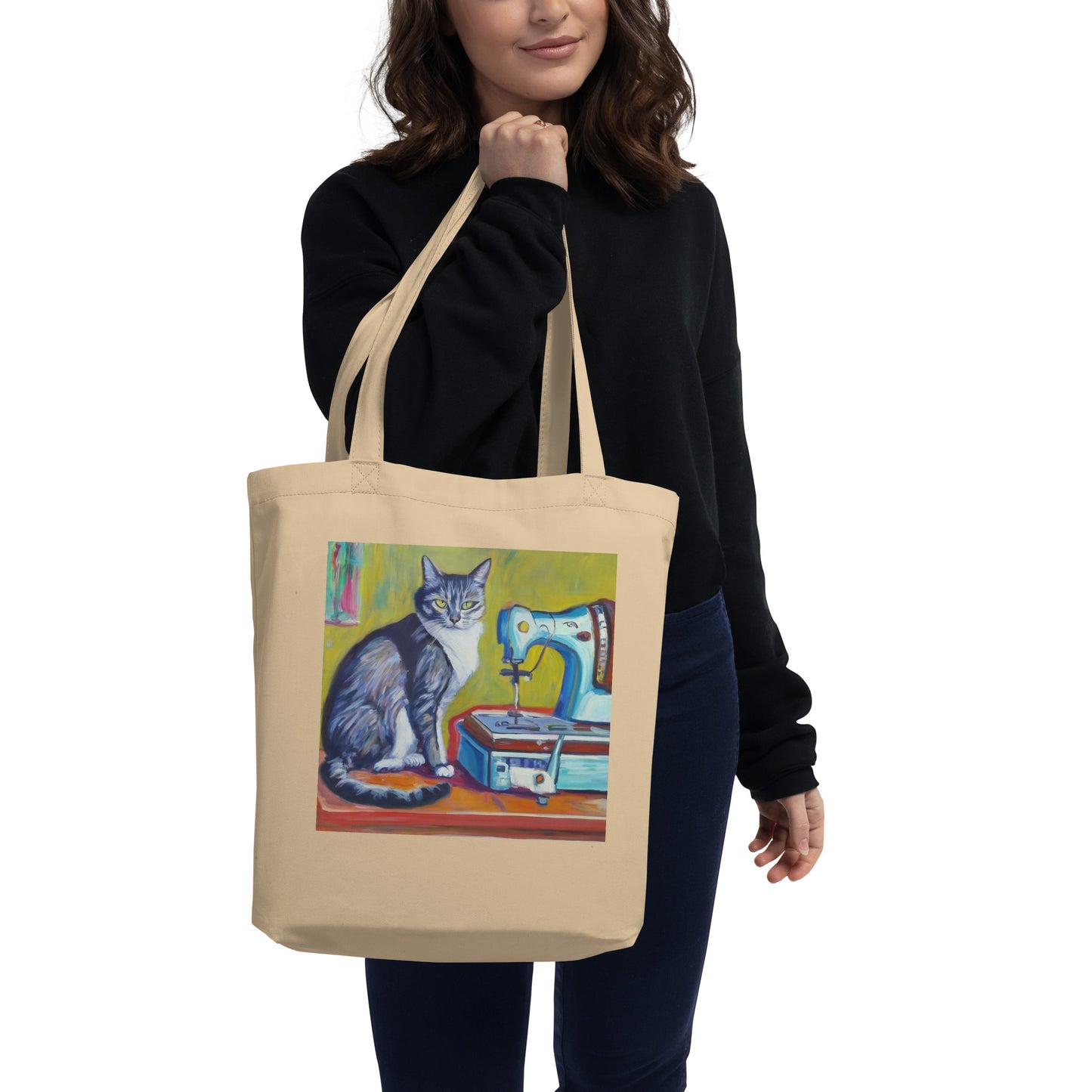 Oyster Tote Bag with "Sewing Cat" graphic design, the perfect gift for people who sew