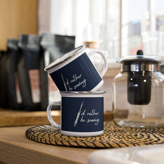 Navy Enamel Mug with "I'd Rather Be Sewing" design - The Perfect Gift for People who Love to Sew