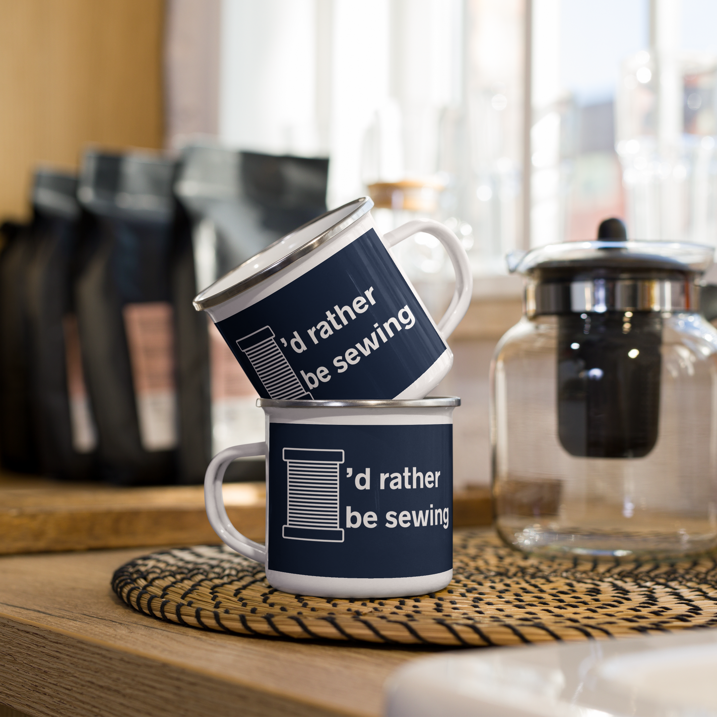 I'd Rather Be Sewing Design Navy Enamel Mug