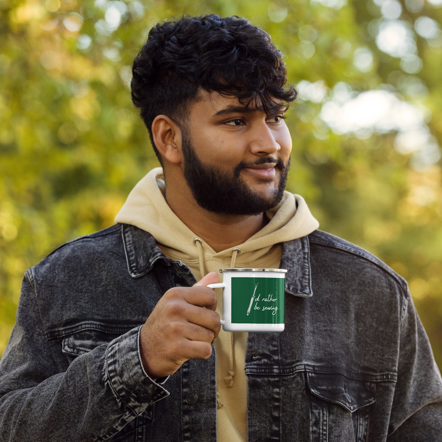 Forest Green Enamel Mug with "I'd Rather Be Sewing" design - The Perfect Gift for People who Love to Sew