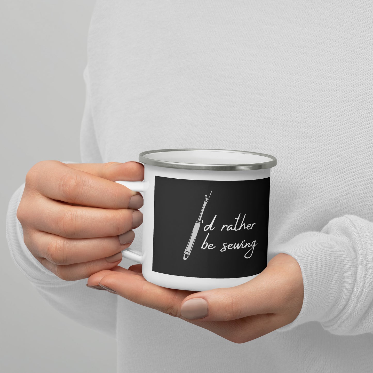 Black Enamel Mug with "I'd Rather Be Sewing" design - The Perfect Gift for People who Love to Sew