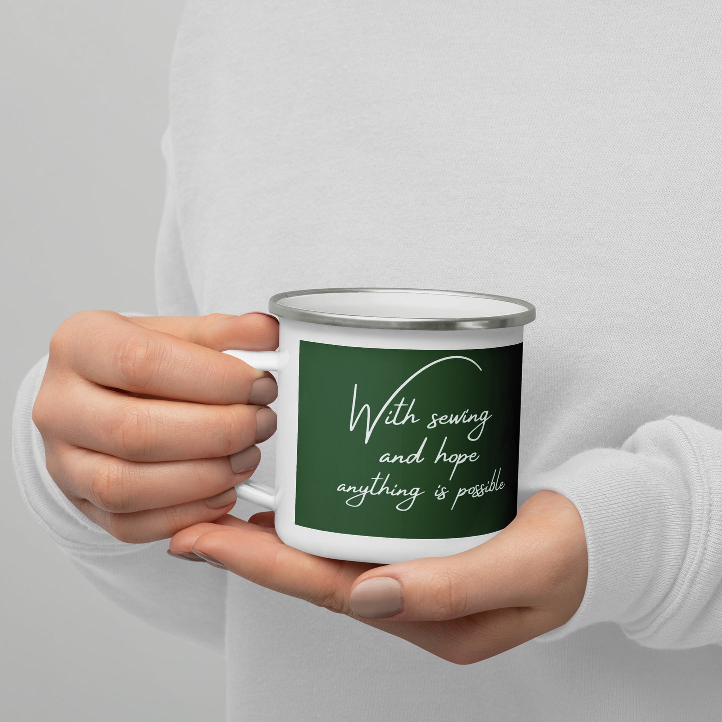 Forest Green Mug "with sewing and hope, anything is possible" design - The Perfect Gift for People who Love to Sew