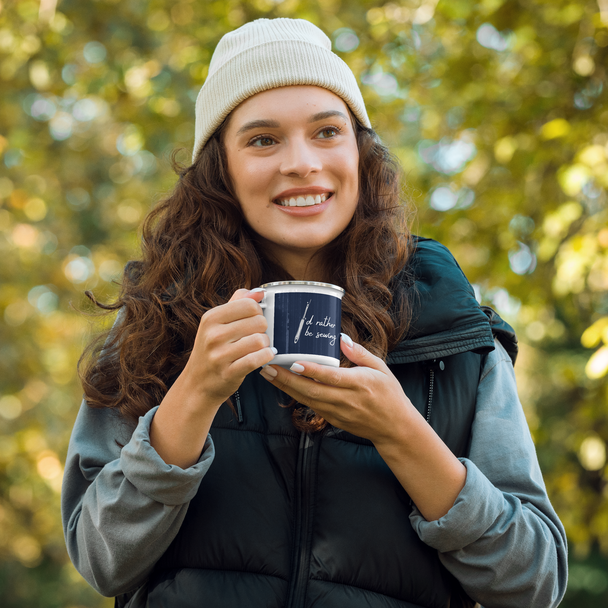 Navy Enamel Mug with "I'd Rather Be Sewing" design - The Perfect Gift for People who Love to Sew