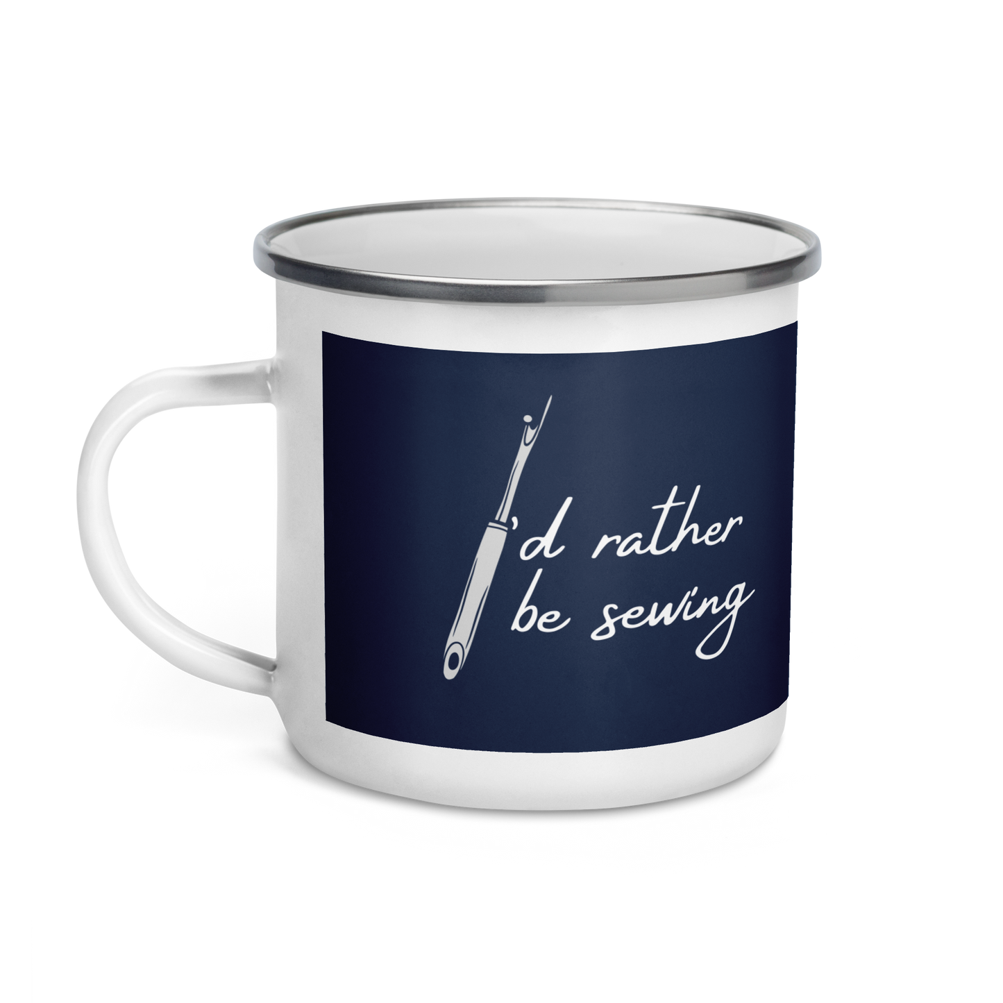 Navy Enamel Mug with "I'd Rather Be Sewing" design - The Perfect Gift for People who Love to Sew