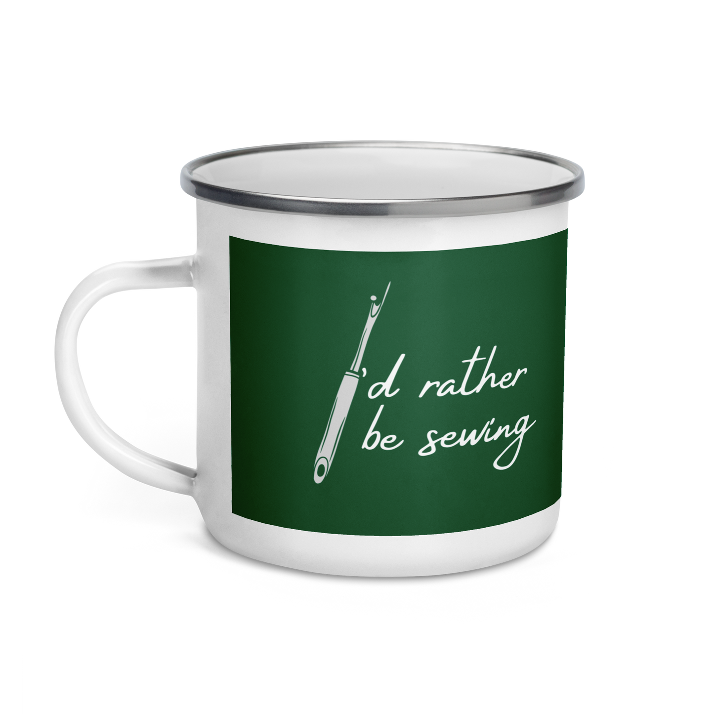 Forest Green Enamel Mug with "I'd Rather Be Sewing" design - The Perfect Gift for People who Love to Sew