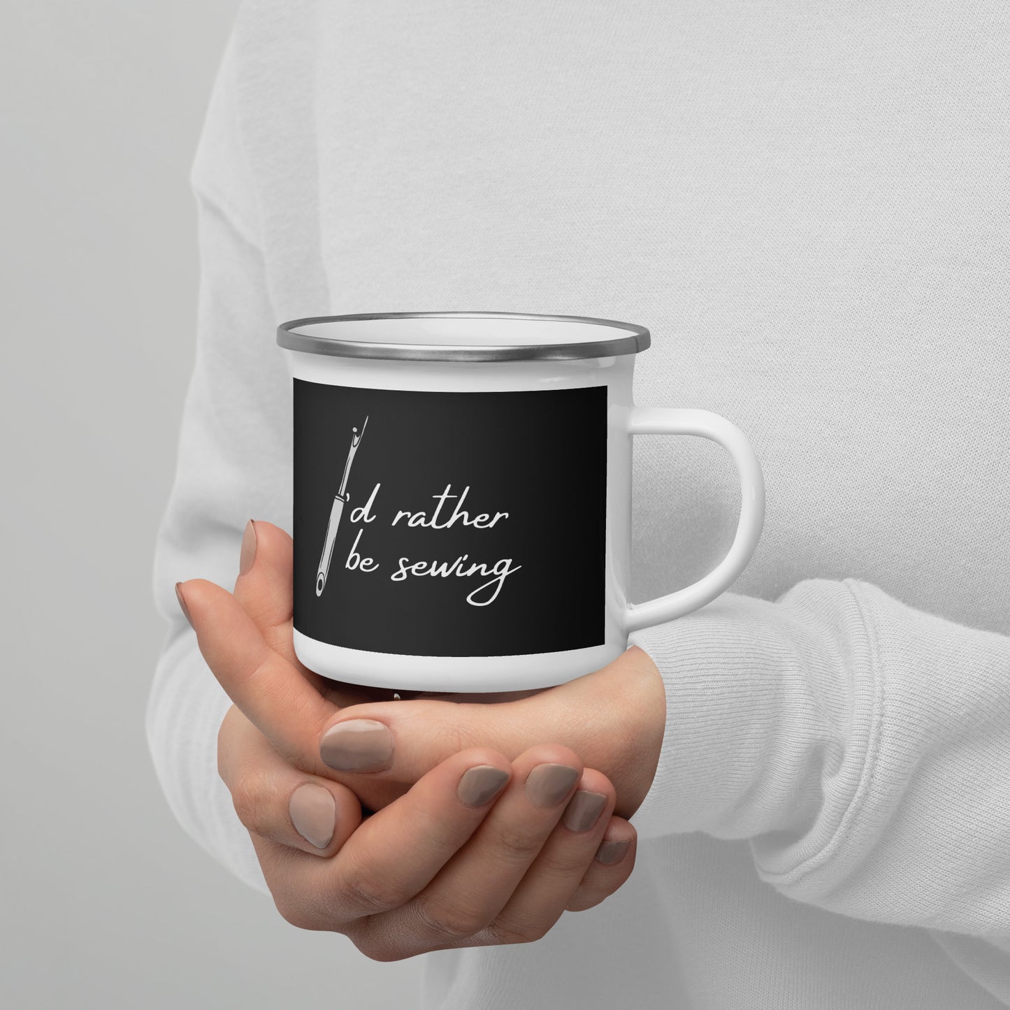 Black Enamel Mug with "I'd Rather Be Sewing" design - The Perfect Gift for People who Love to Sew