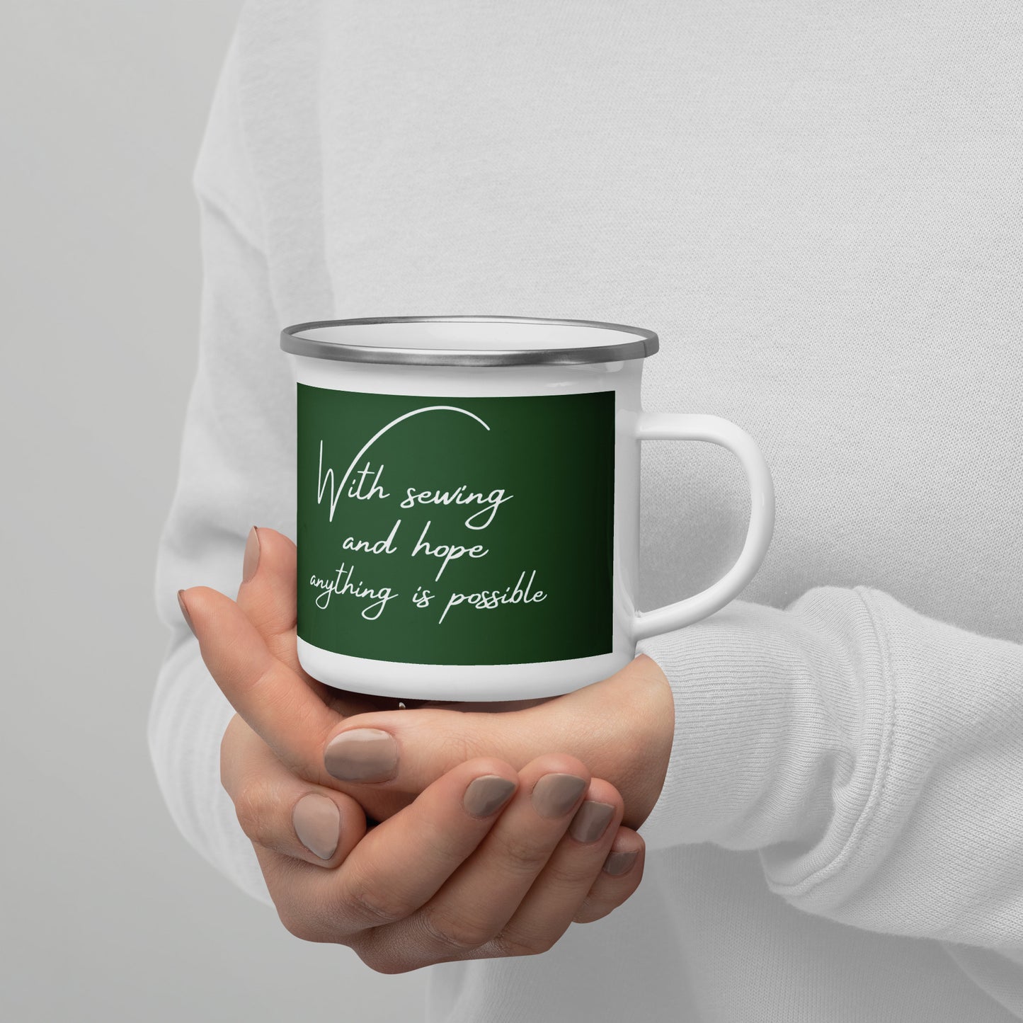 Forest Green Mug "with sewing and hope, anything is possible" design - The Perfect Gift for People who Love to Sew