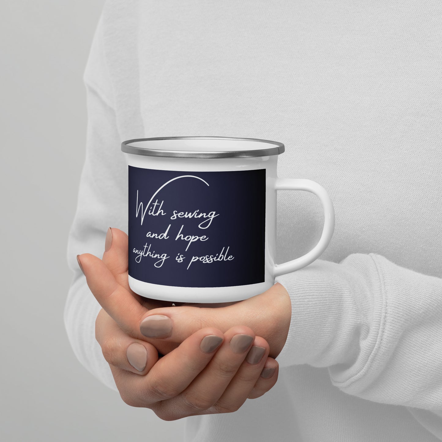 Navy Enamel Mug "with sewing and hope, anything is possible" design - The Perfect Gift for People who Love to Sew