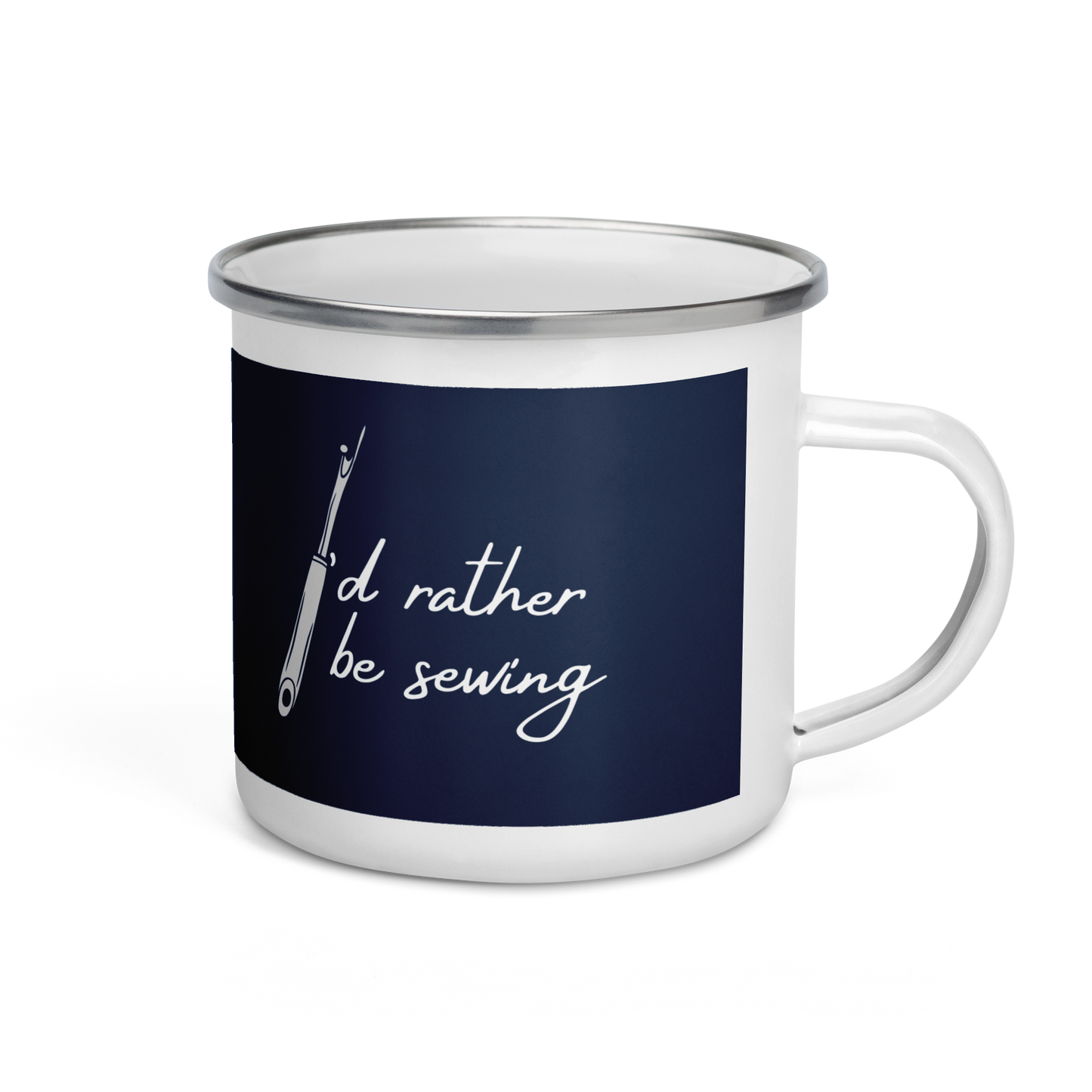 Navy Enamel Mug with "I'd Rather Be Sewing" design - The Perfect Gift for People who Love to Sew